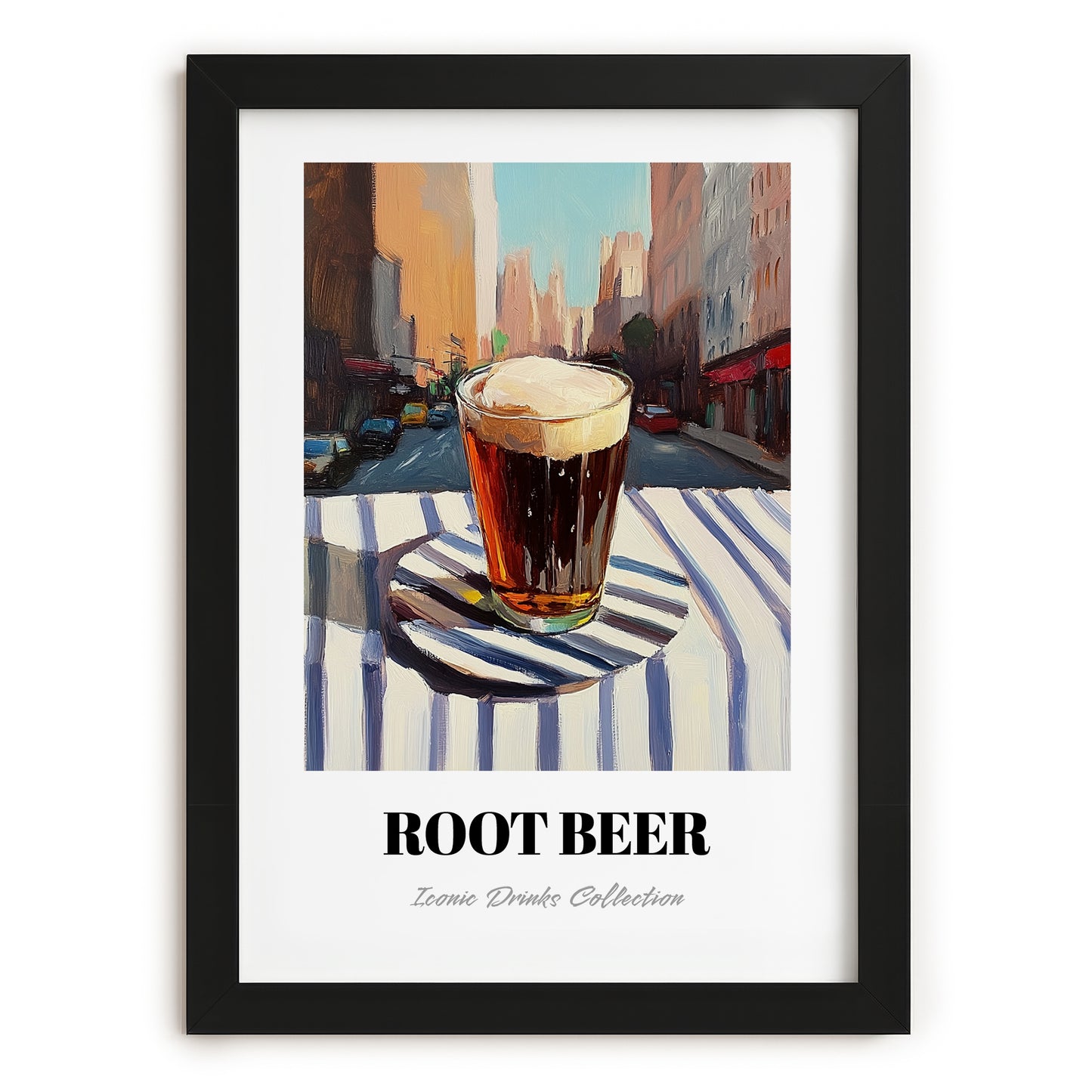 Root Beer – American Café on the Corner, American Beverage Print, in sleek black frame