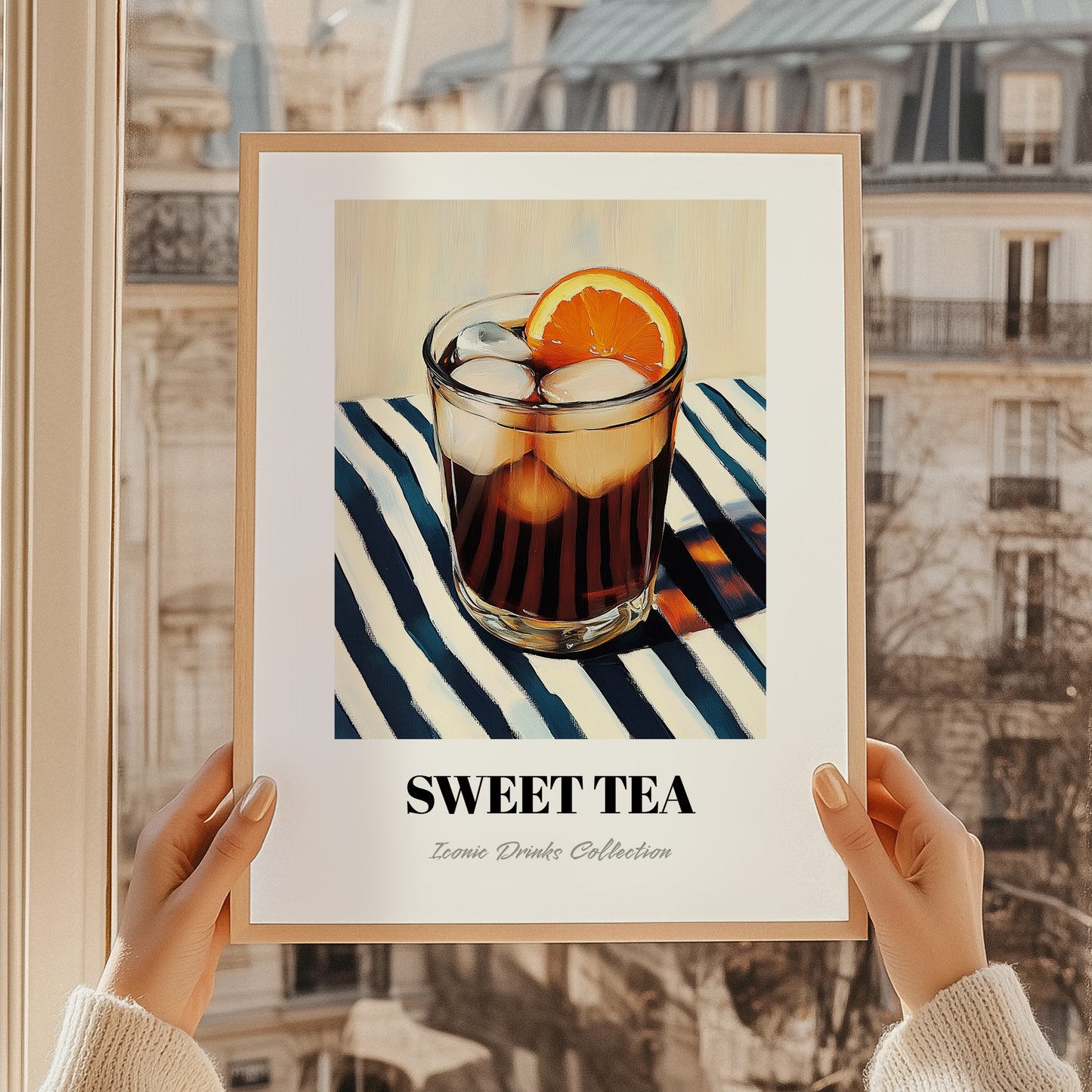 Sweet Tea – on Striped Tablecloth, American Beverage Painting, styled in a charming Paris street view