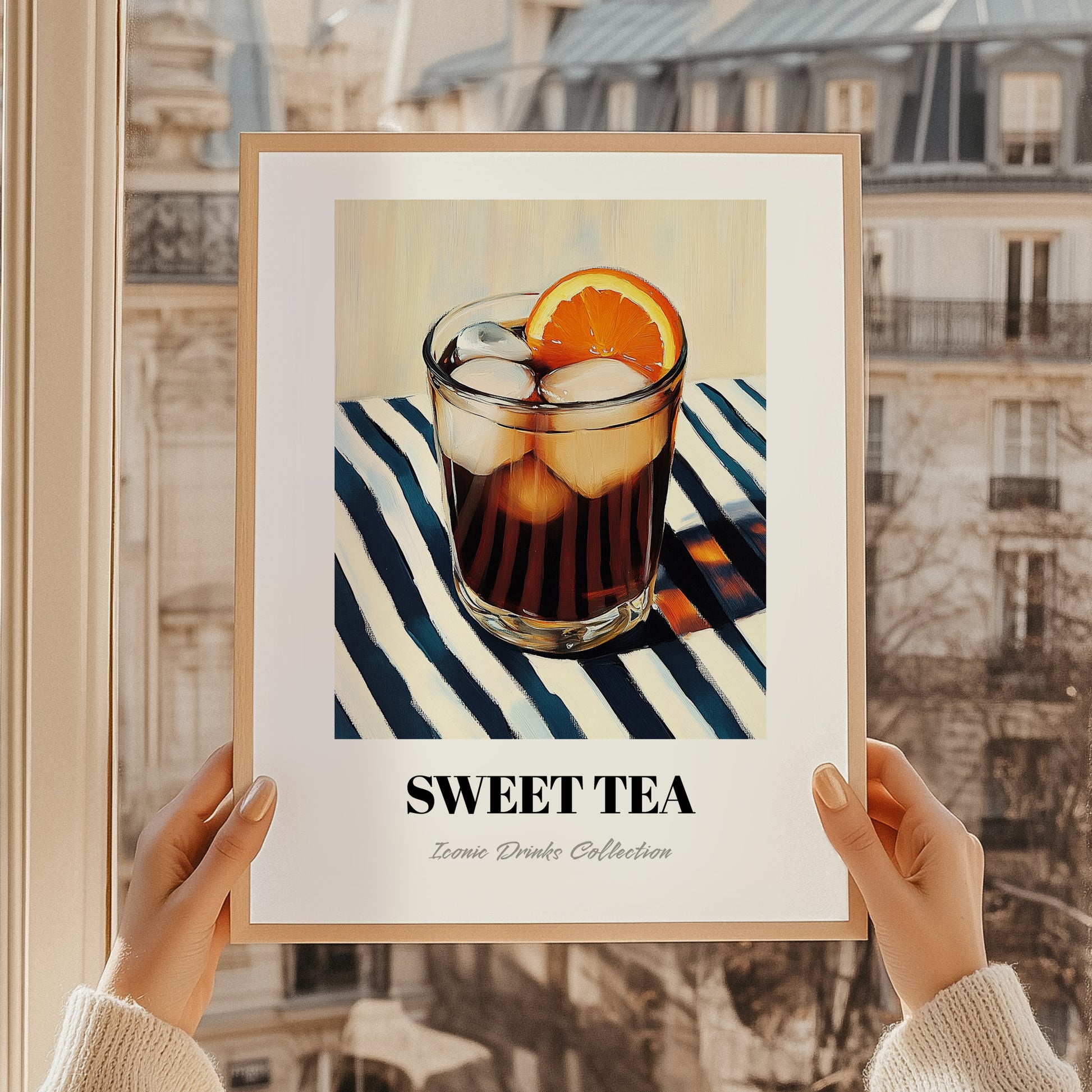 Sweet Tea – on Striped Tablecloth, American Beverage Painting, styled in a charming Paris street view