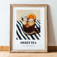 Sweet Tea – on Striped Tablecloth, American Beverage Painting, in wooden frame leaning on the floor