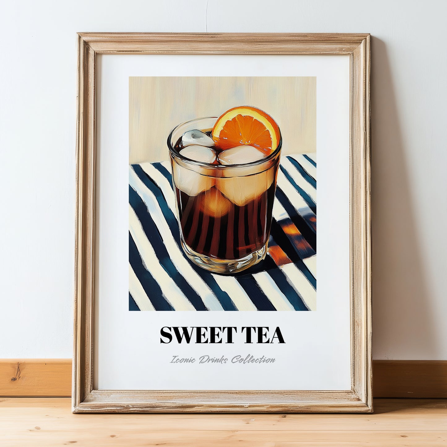 Sweet Tea – on Striped Tablecloth, American Beverage Painting, in wooden frame leaning on the floor