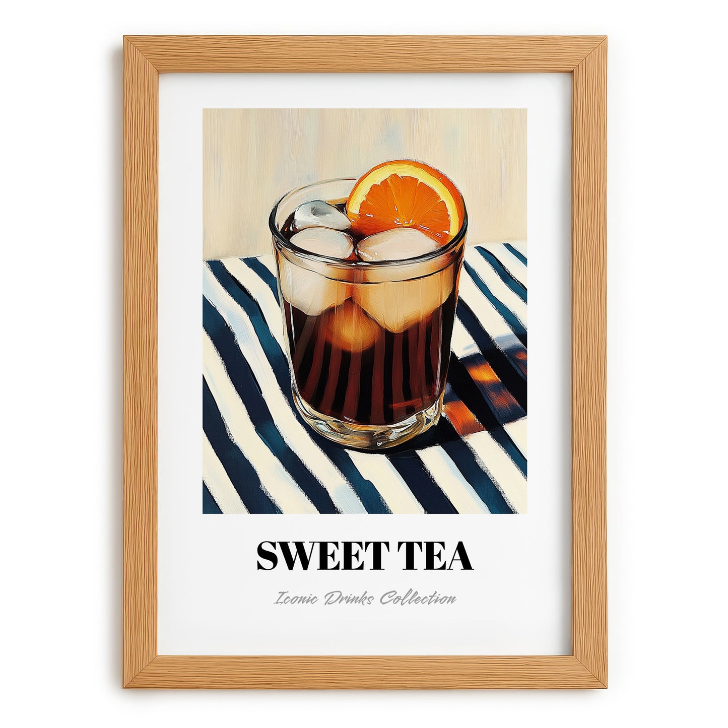 Sweet Tea – on Striped Tablecloth, American Beverage Painting, set in oak frame