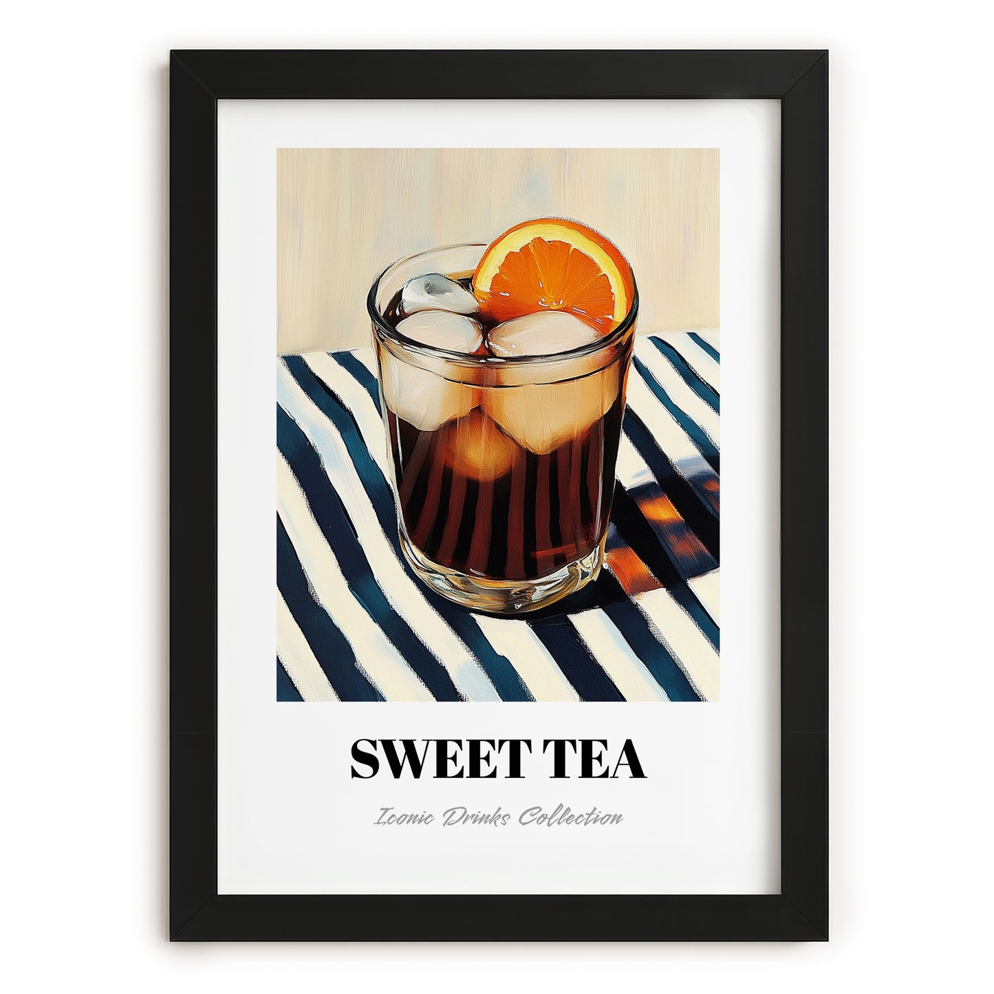 Sweet Tea – on Striped Tablecloth, American Beverage Painting, in sleek black frame