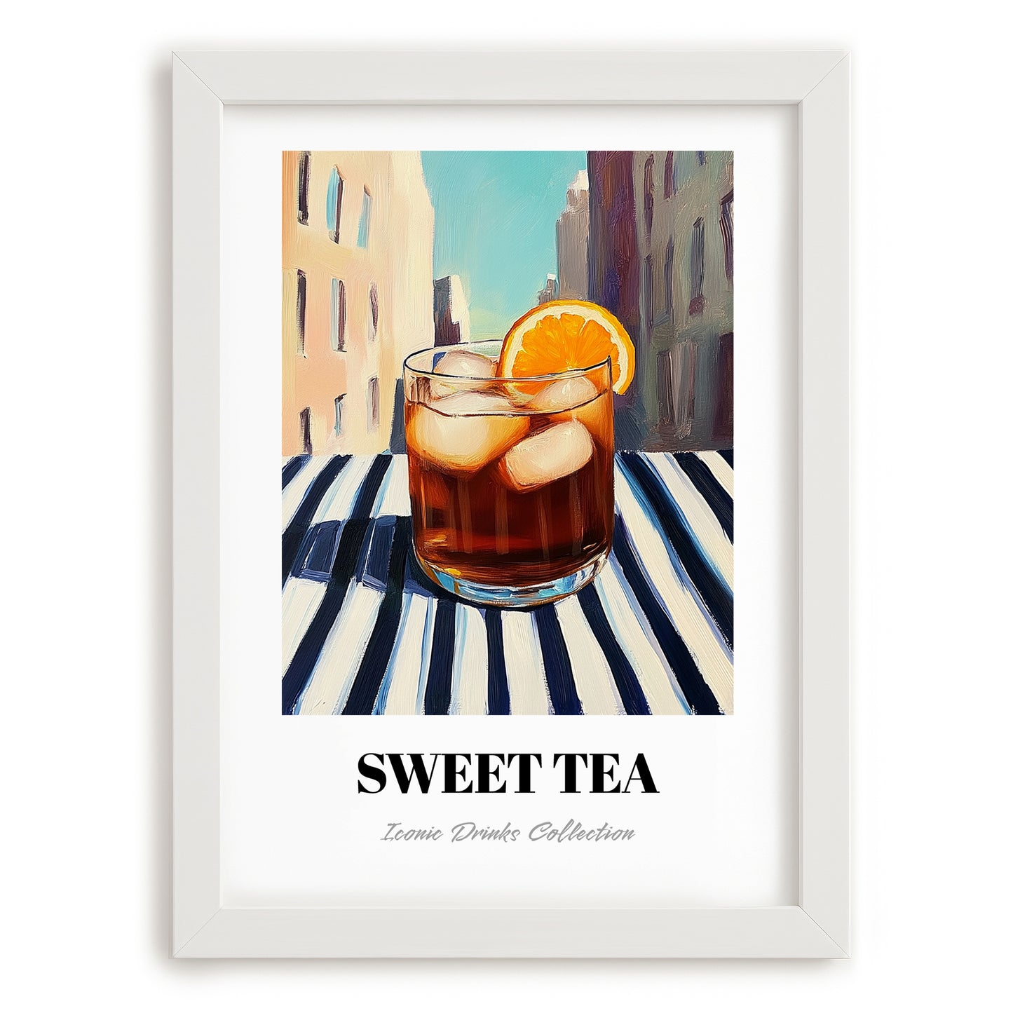 Sweet Tea – American Café on the Corner, American Beverage Wall Decor, placed in minimal white frame