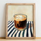 Cold Brew – on Striped Tablecloth, American Coffee Wall Decor, no-text version framed in wood