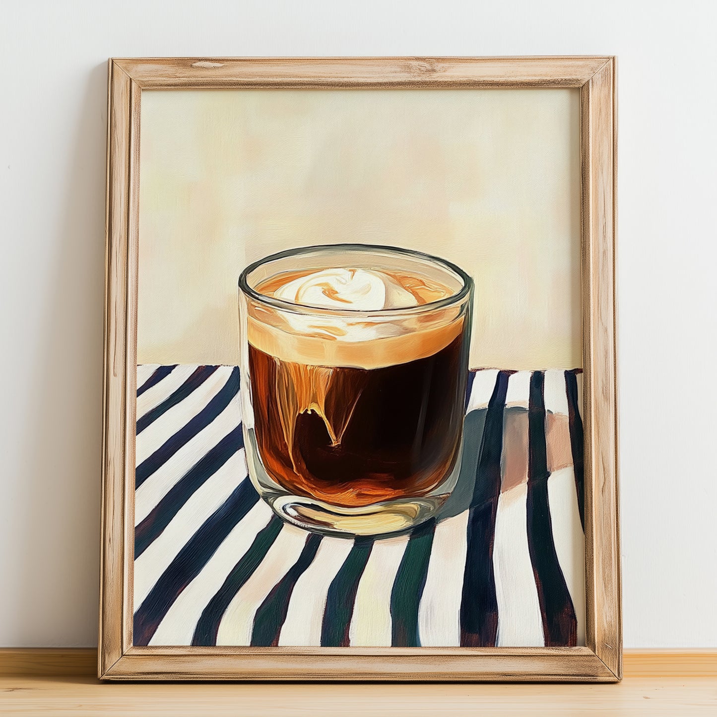 Cold Brew – on Striped Tablecloth, American Coffee Wall Decor, no-text version framed in wood