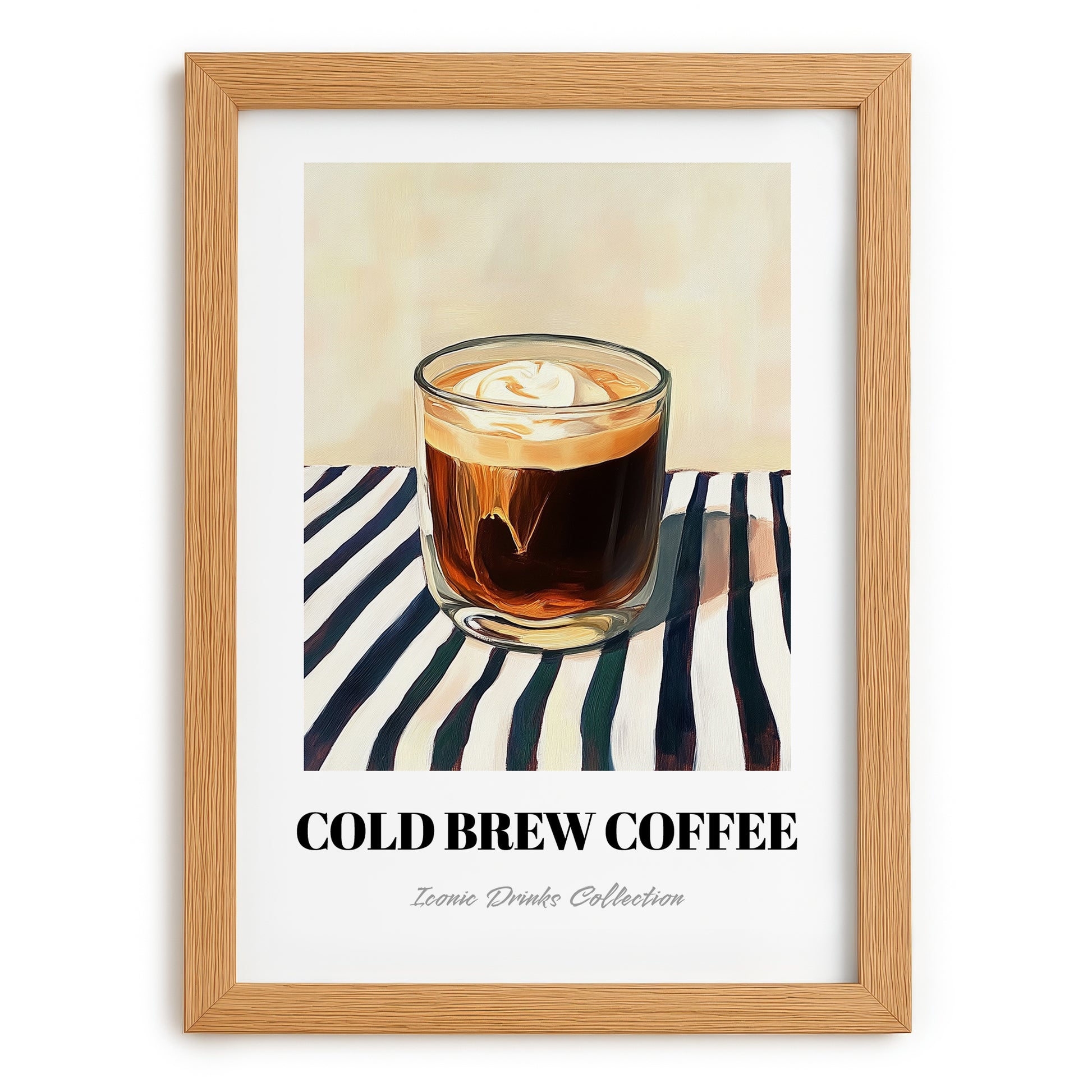Cold Brew – on Striped Tablecloth, American Coffee Wall Decor, set in oak frame
