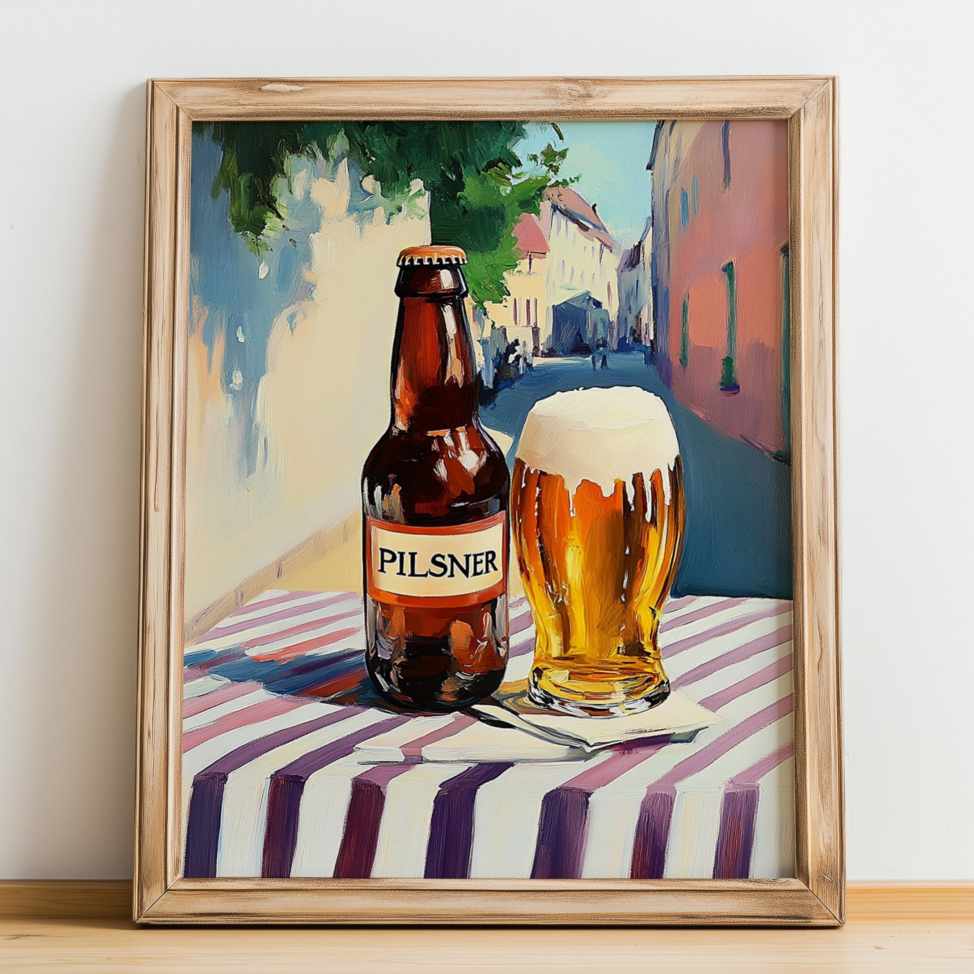 Pilsner – German Café on the Corner, German Beer Wall Decor, no-text version framed in wood