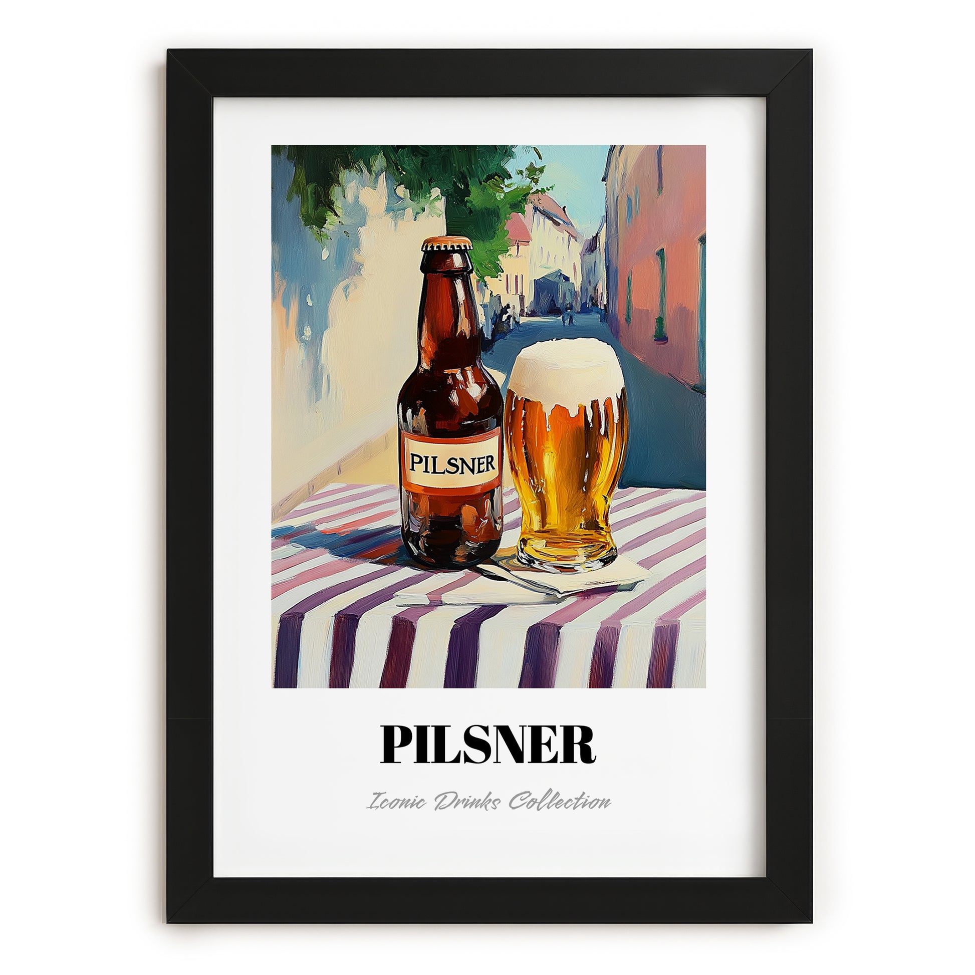 Pilsner – German Café on the Corner, German Beer Wall Decor, in sleek black frame