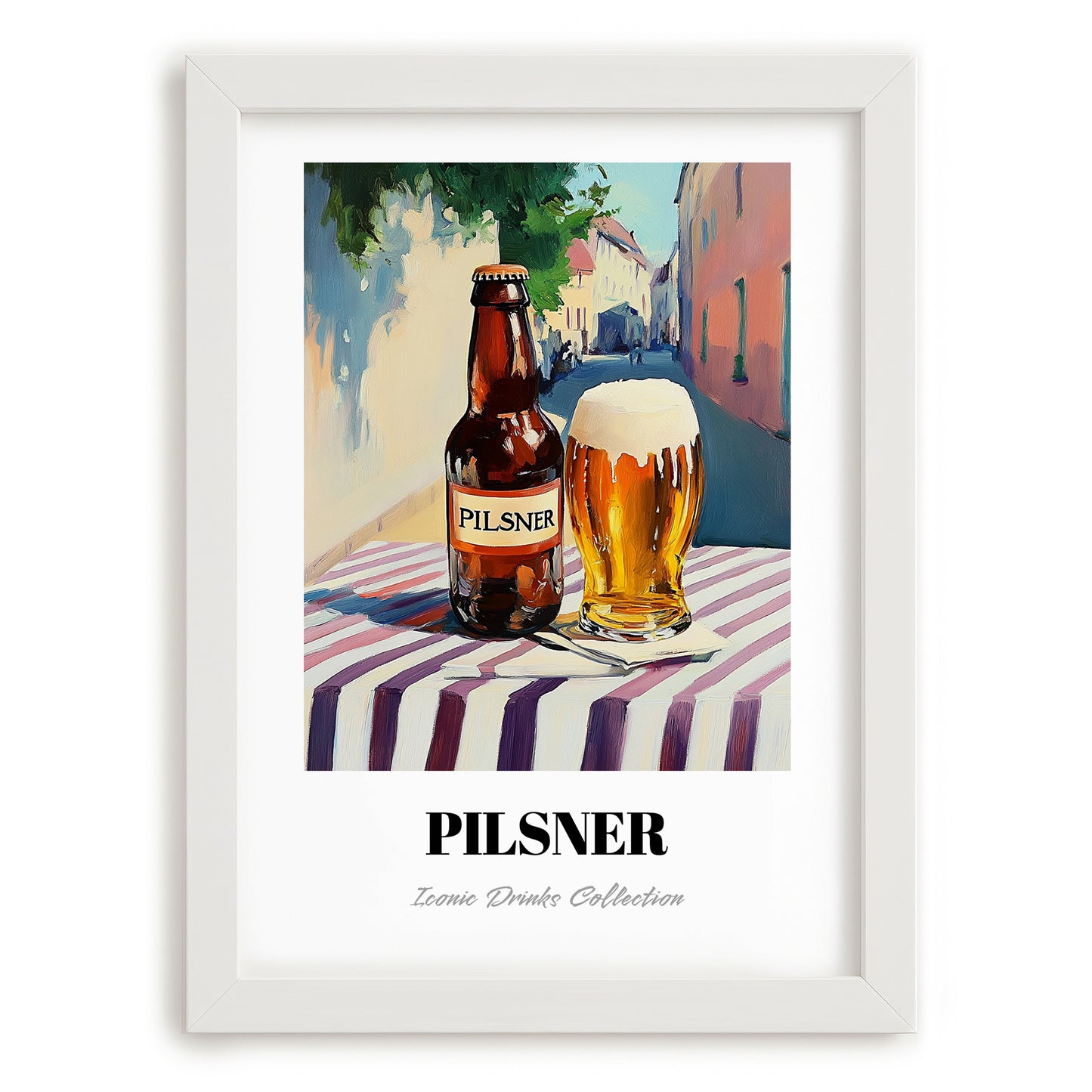Pilsner – German Café on the Corner, German Beer Wall Decor, placed in minimal white frame