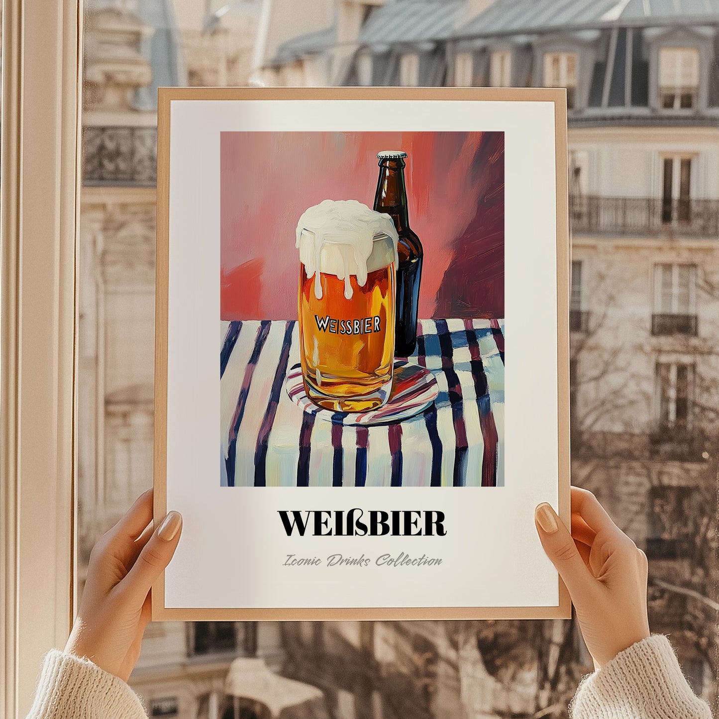 Weißbier – on Striped Tablecloth, German Beer Poster, styled in a charming Paris street view