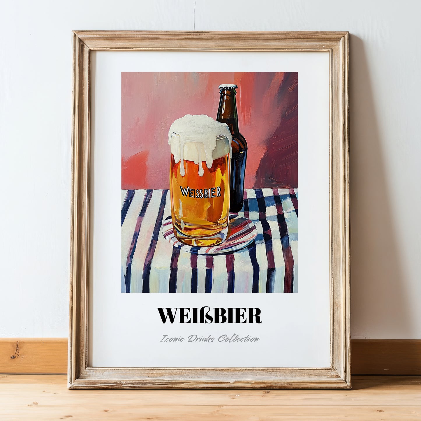 Weißbier – on Striped Tablecloth, German Beer Poster, in wooden frame leaning on the floor