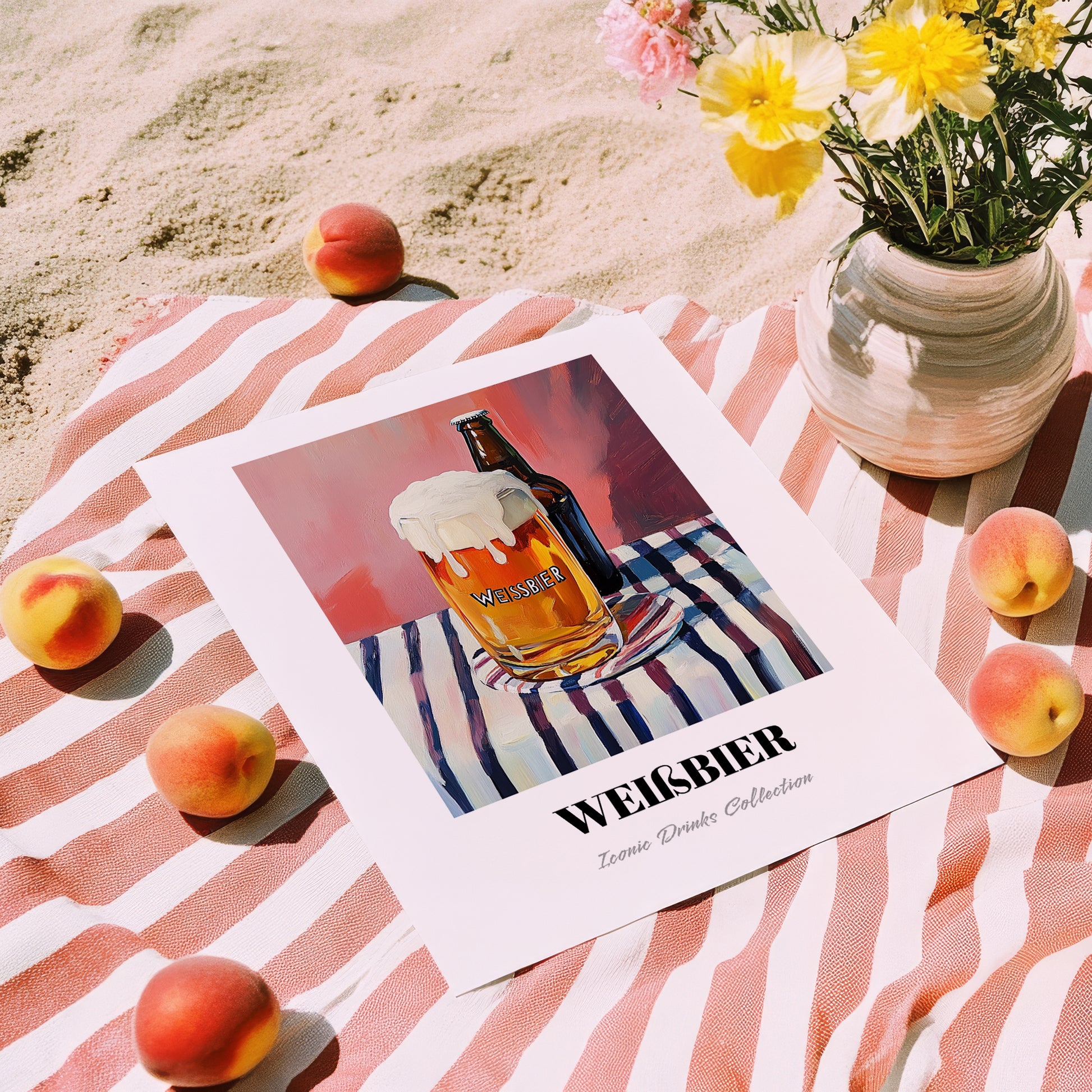 Weißbier – on Striped Tablecloth, German Beer Poster, unframed on coastal sand