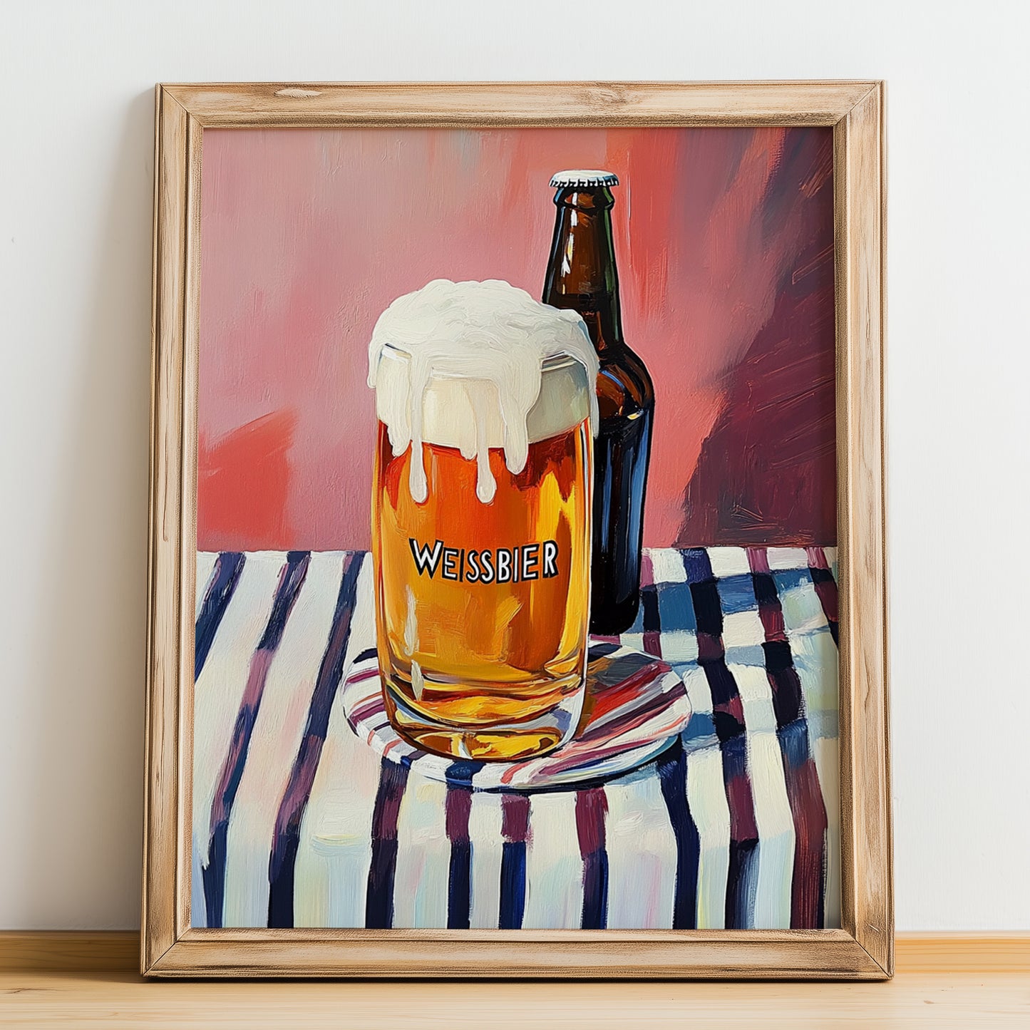 Weißbier – on Striped Tablecloth, German Beer Poster, no-text version framed in wood