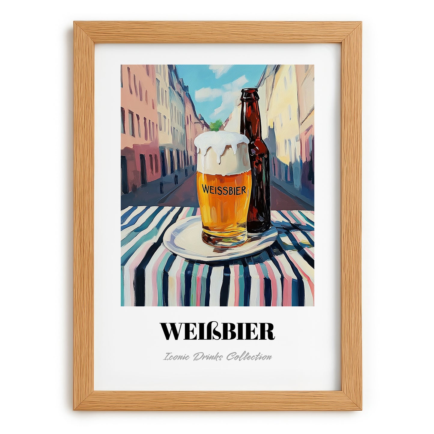 Weißbier – German Urban Café Scene, German Beer Art, set in oak frame