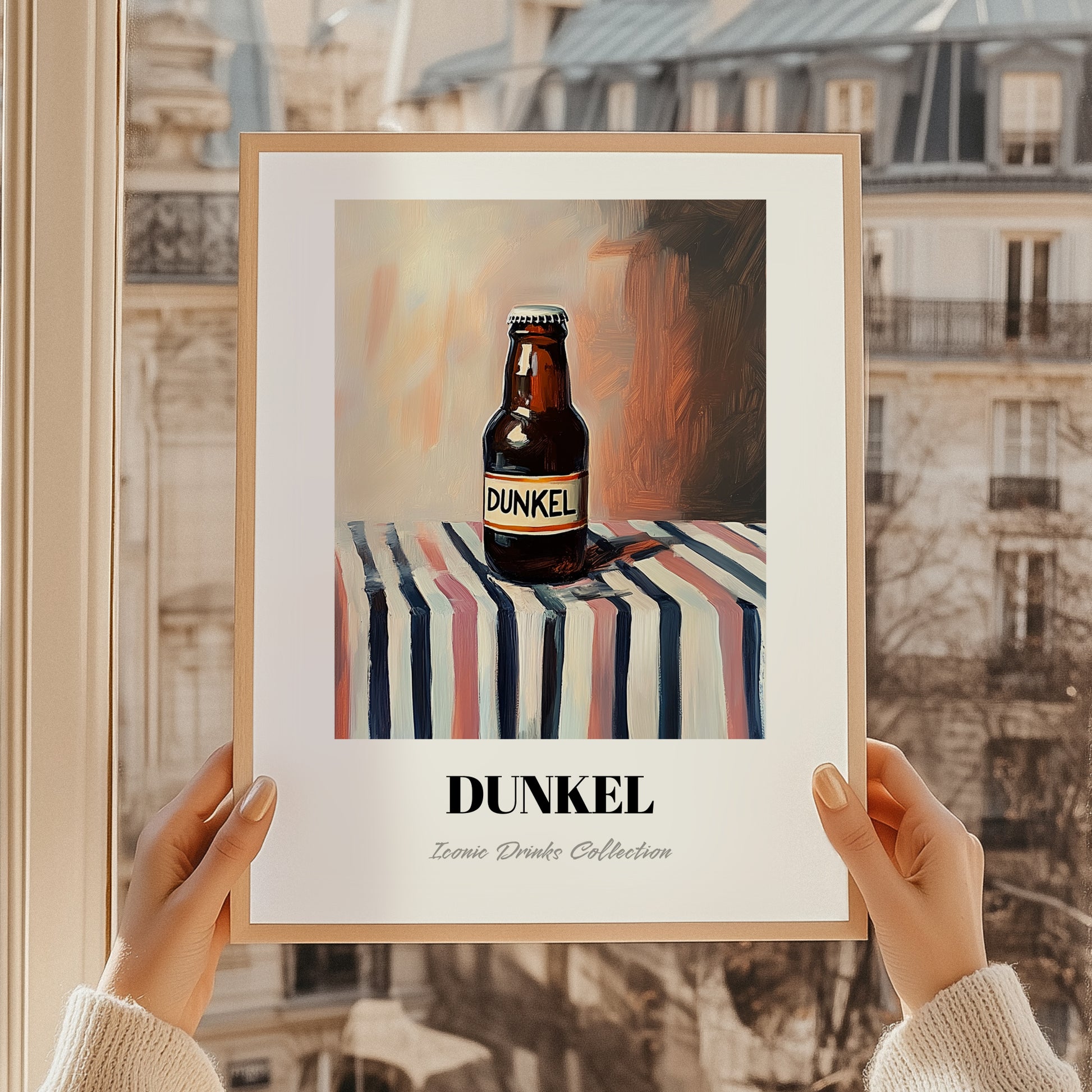 Dunkel – on Striped Tablecloth, German Beer Wall Decor, styled in a charming Paris street view