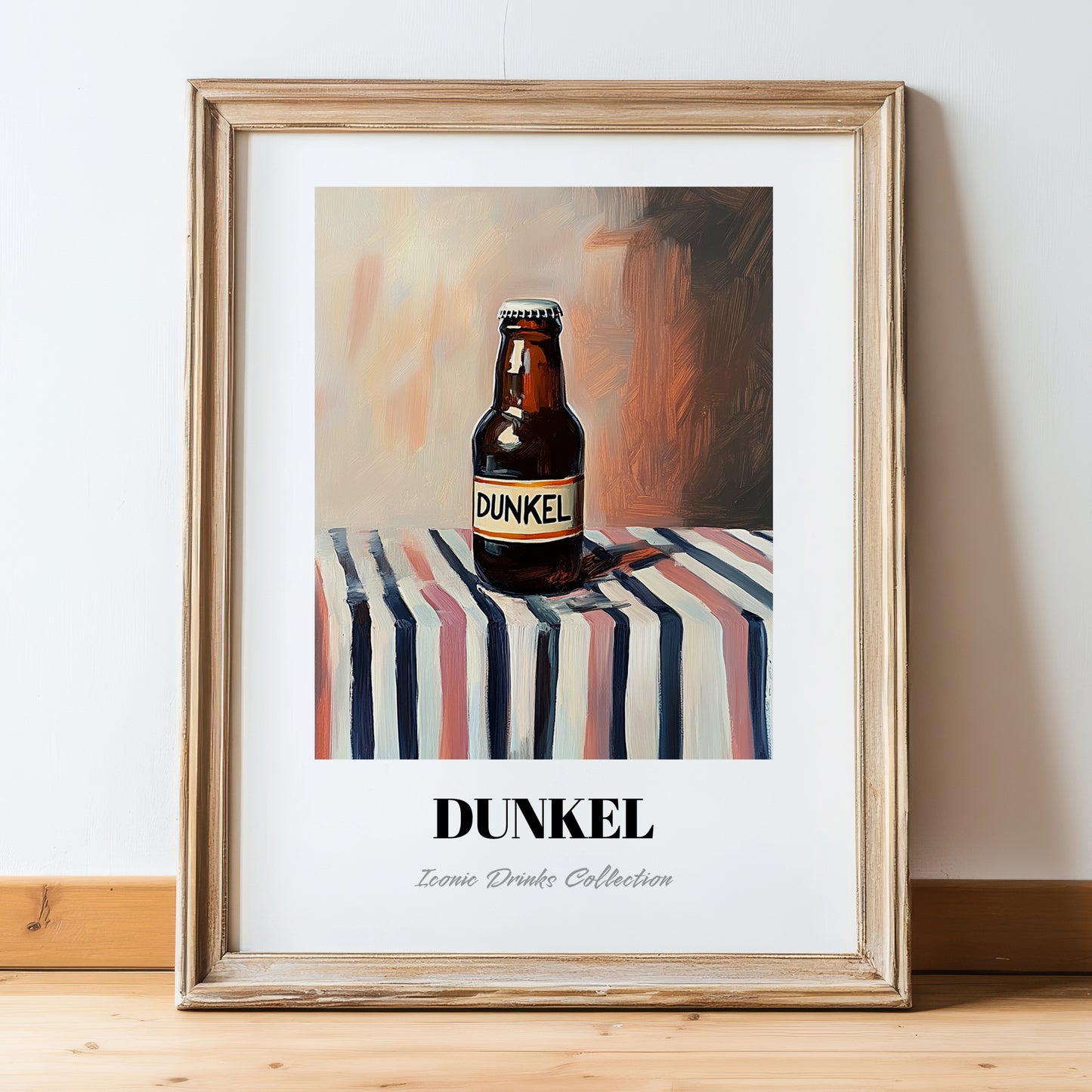 Dunkel – on Striped Tablecloth, German Beer Wall Decor, in wooden frame leaning on the floor