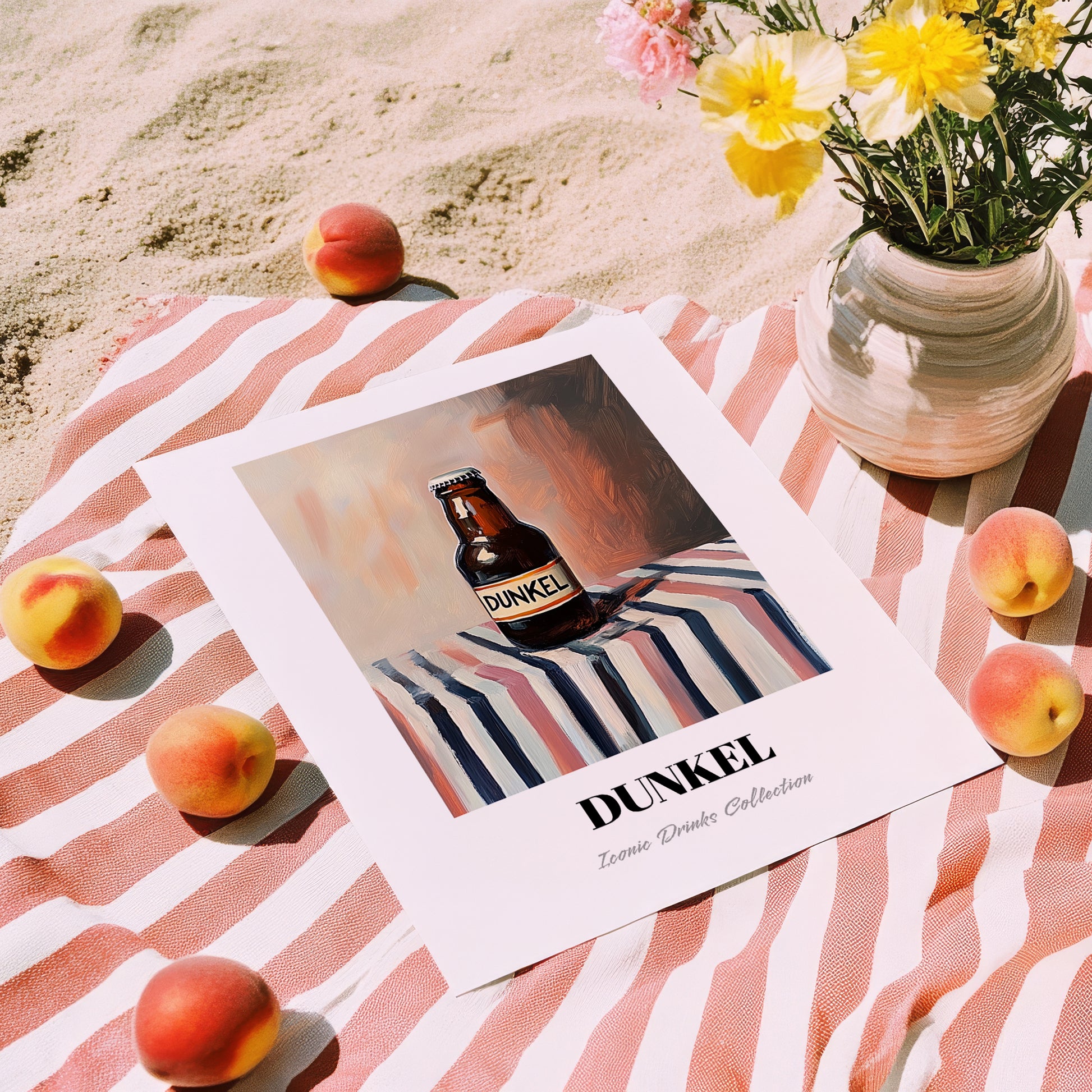 Dunkel – on Striped Tablecloth, German Beer Wall Decor, unframed on coastal sand