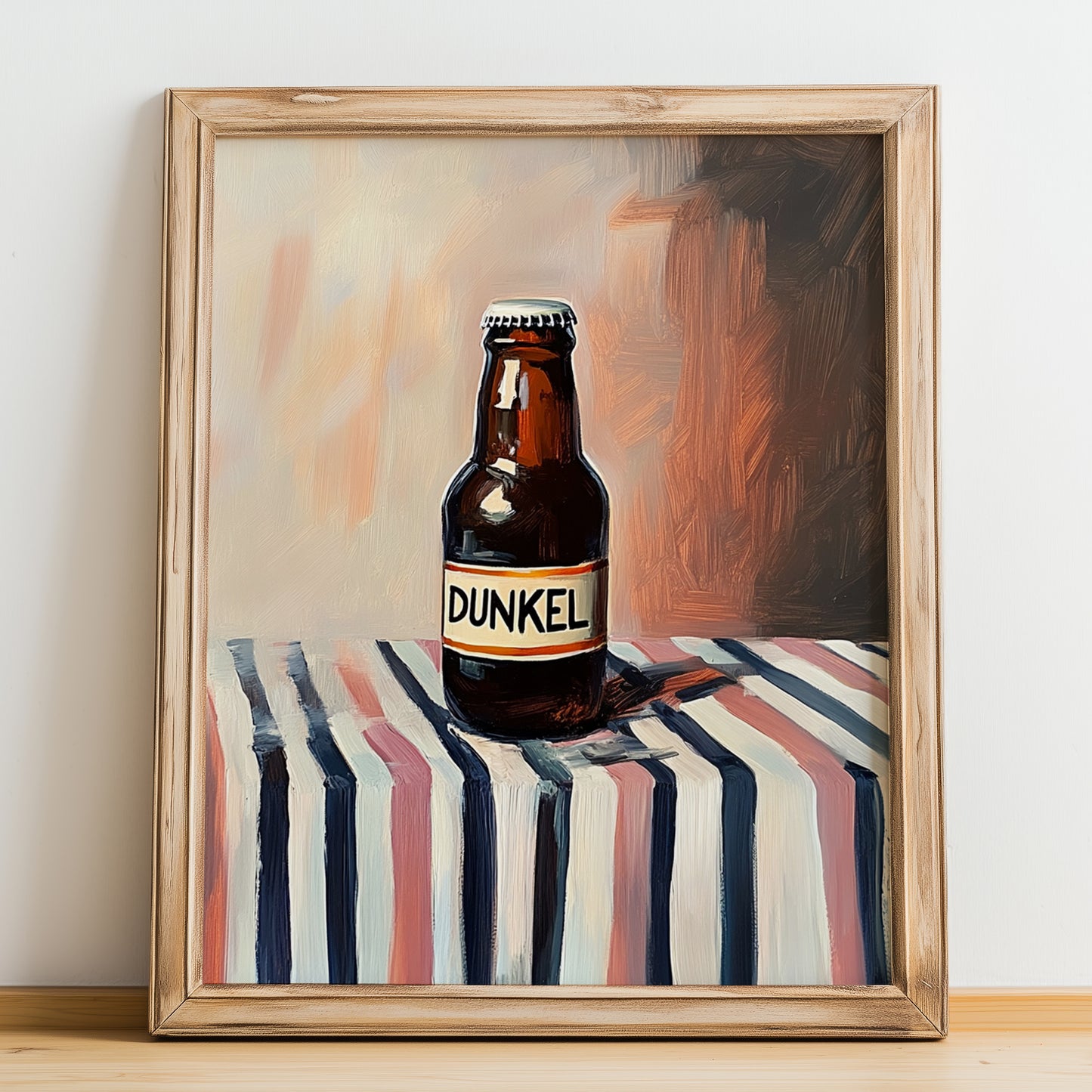 Dunkel – on Striped Tablecloth, German Beer Wall Decor, no-text version framed in wood