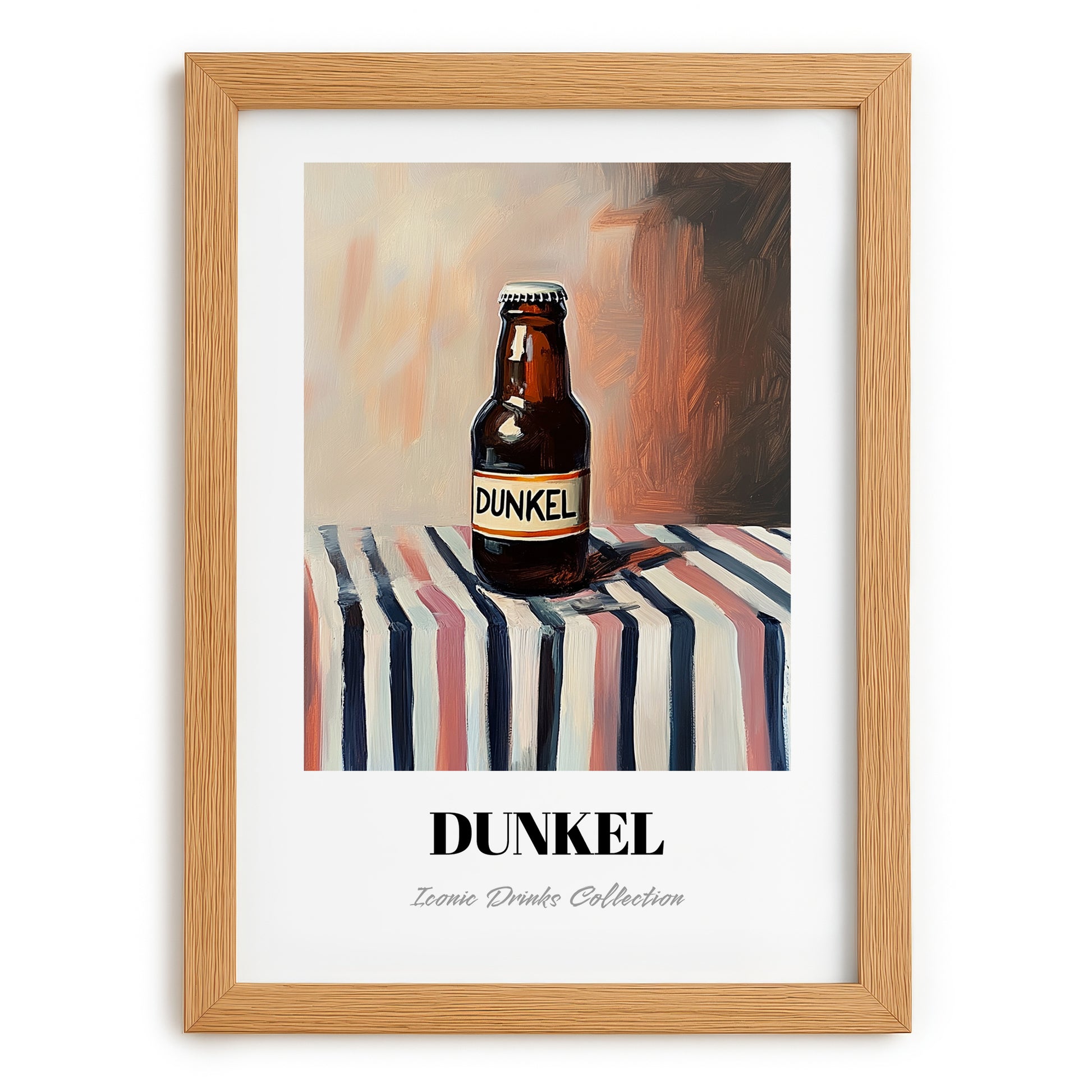 Dunkel – on Striped Tablecloth, German Beer Wall Decor, set in oak frame