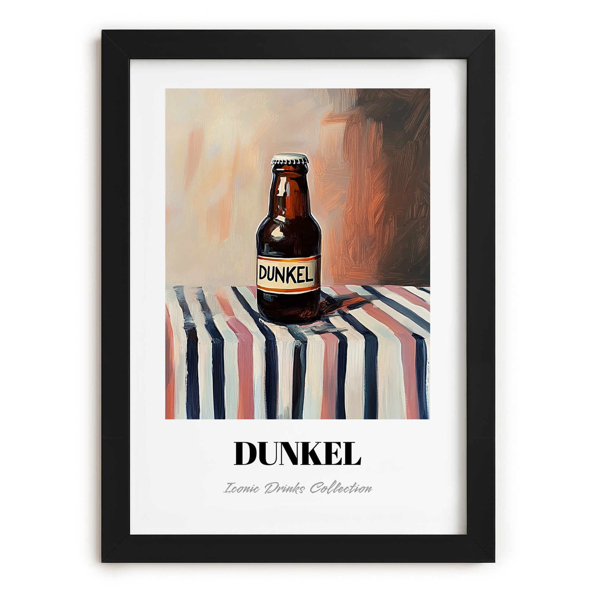 Dunkel – on Striped Tablecloth, German Beer Wall Decor, in sleek black frame