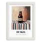 Dunkel – on Striped Tablecloth, German Beer Wall Decor, placed in minimal white frame