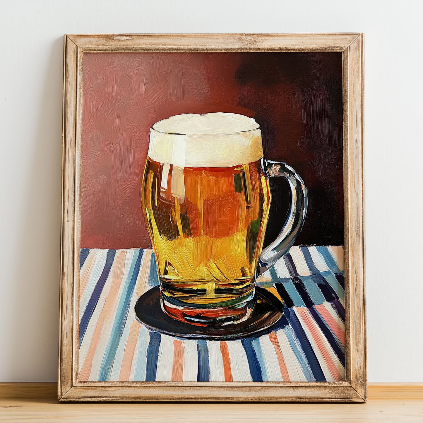 Kölsch – on Striped Tablecloth, German Beer Wall Decor, no-text version framed in wood