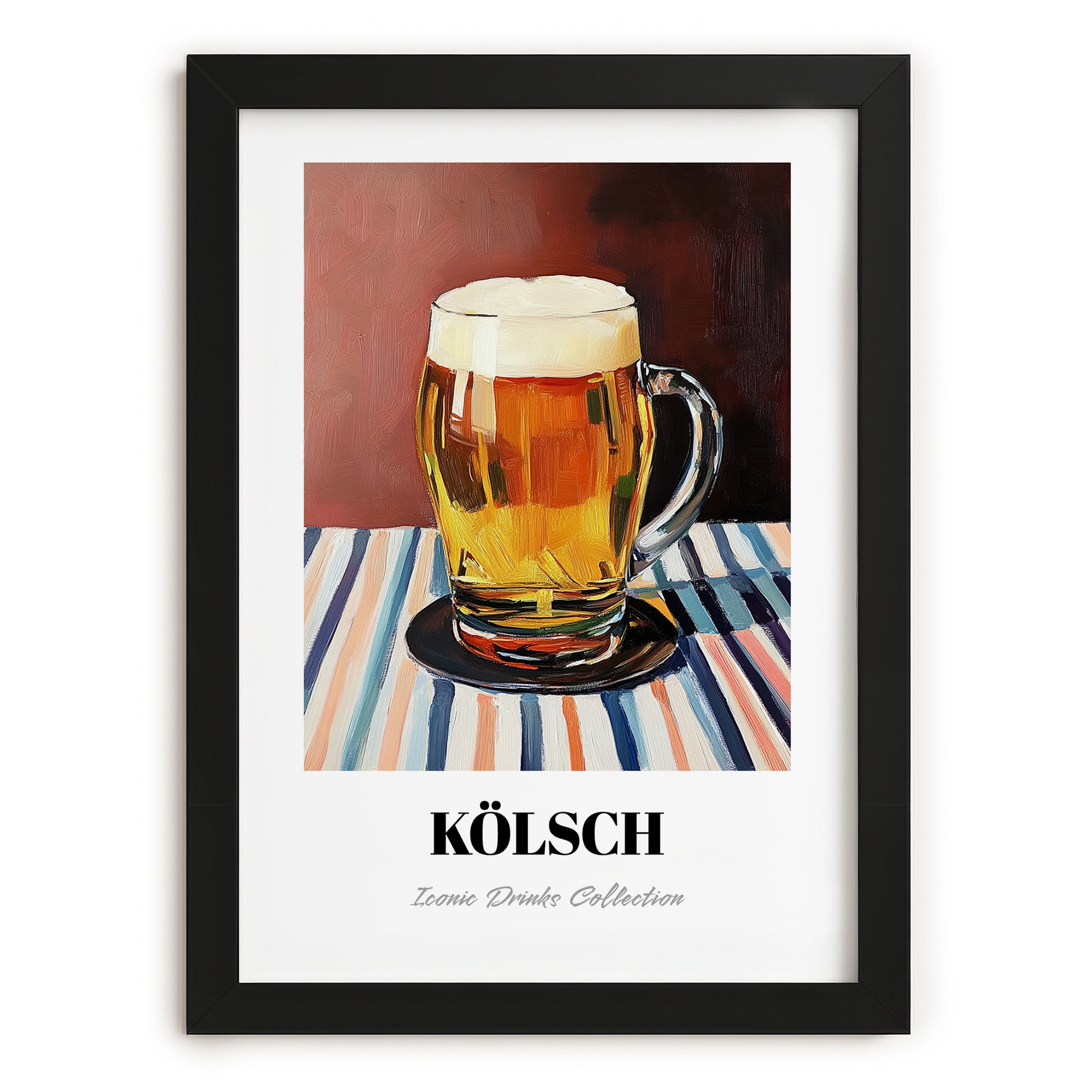 Kölsch – on Striped Tablecloth, German Beer Wall Decor, in sleek black frame