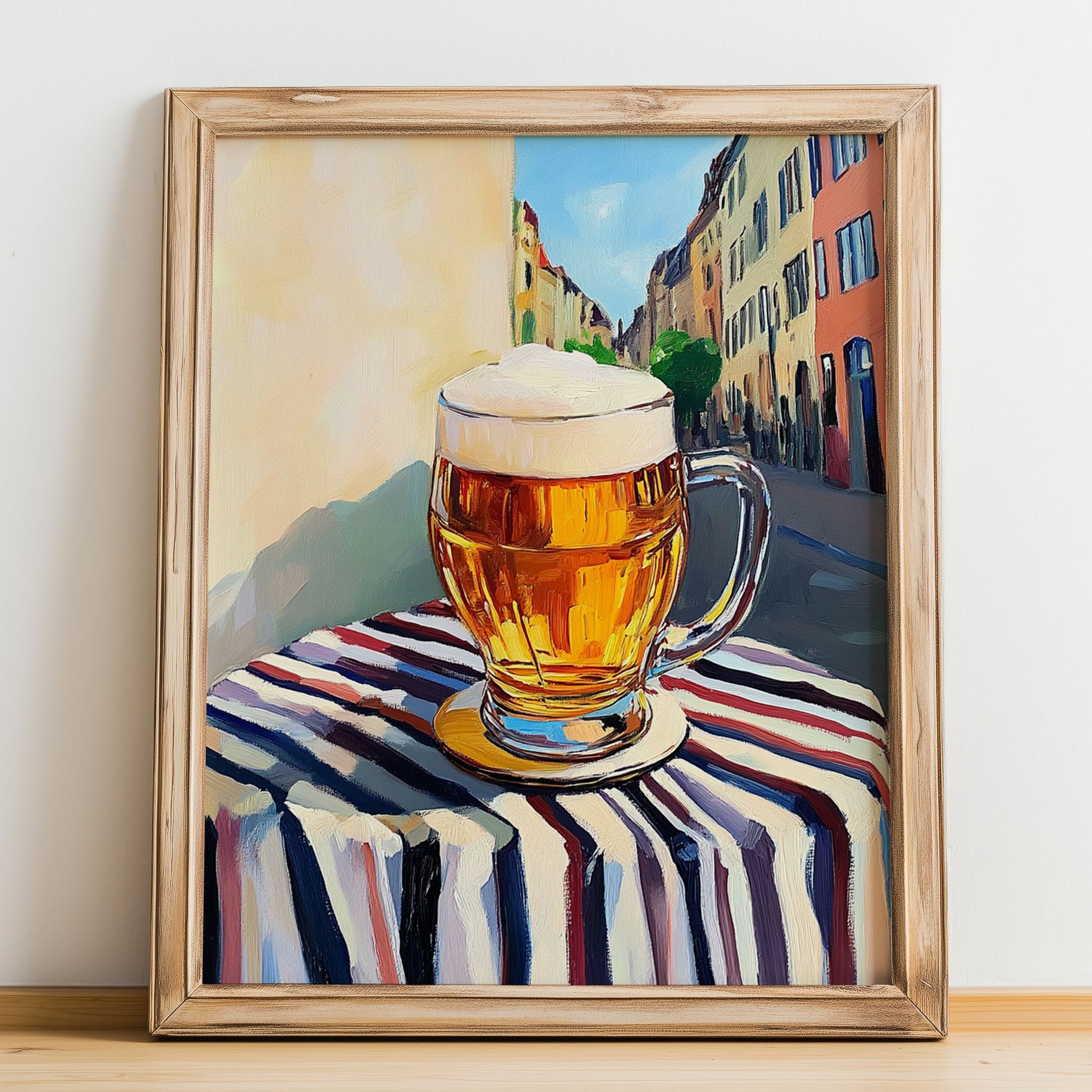 Kölsch – German Urban Café Scene, German Beer Wall Painting, no-text version framed in wood