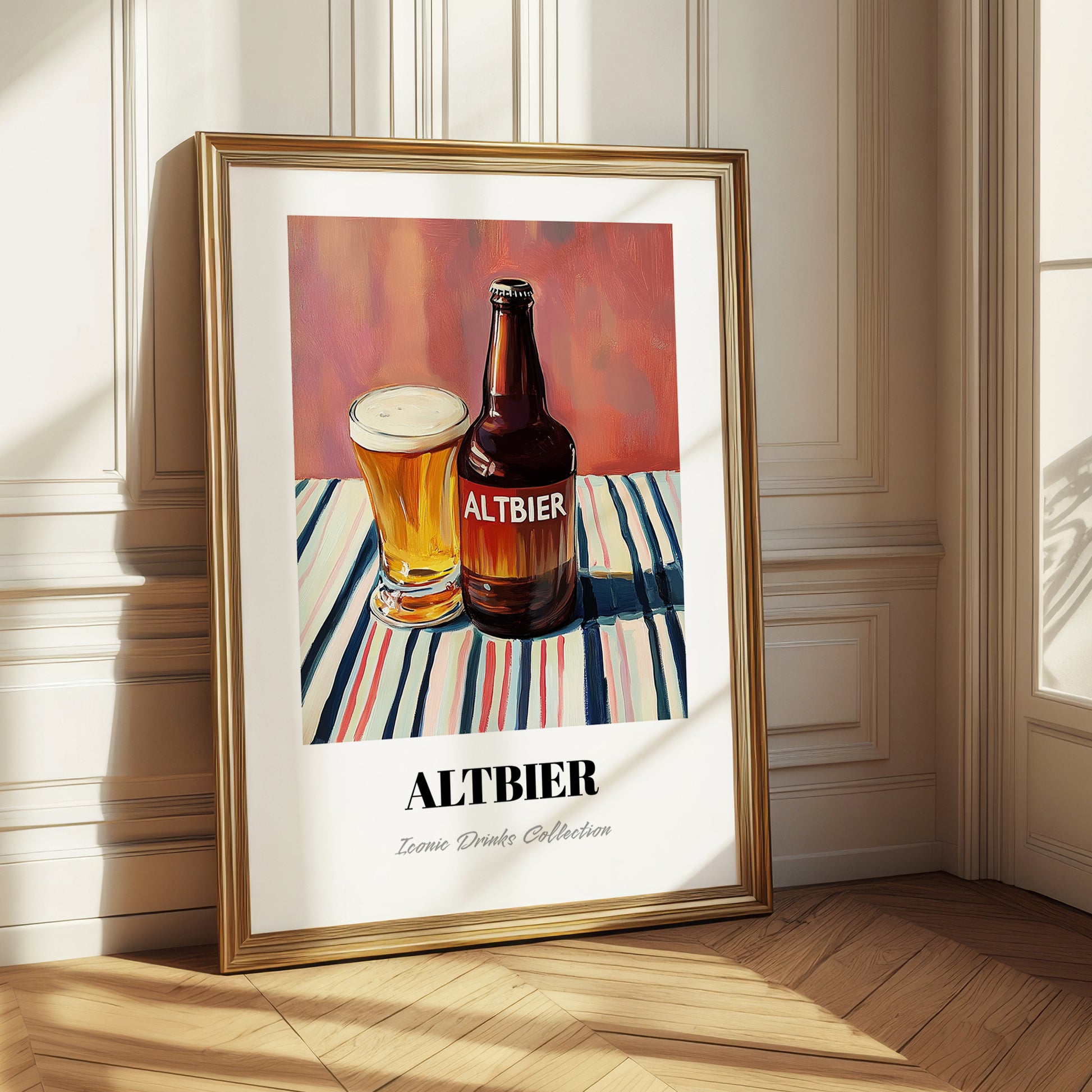 Altbier – on Striped Tablecloth, German Beer Wall Print
