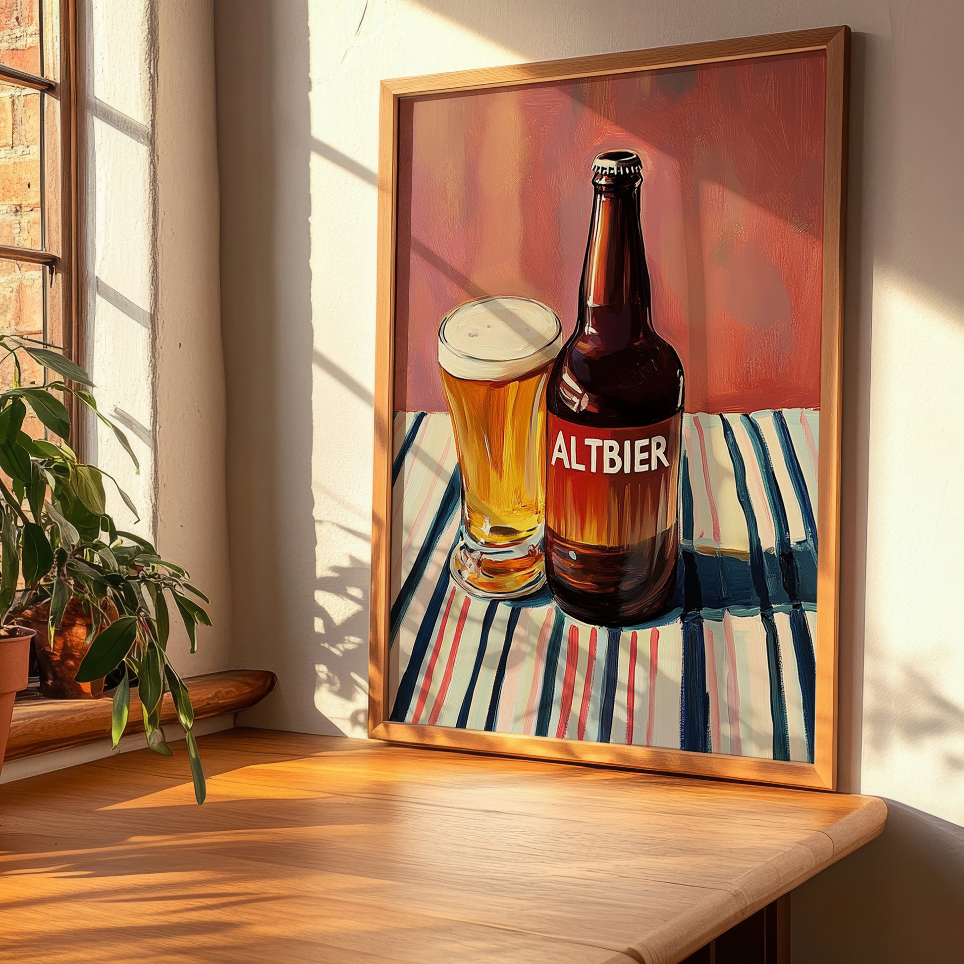 Altbier – on Striped Tablecloth, German Beer Wall Print, clean layout with no caption