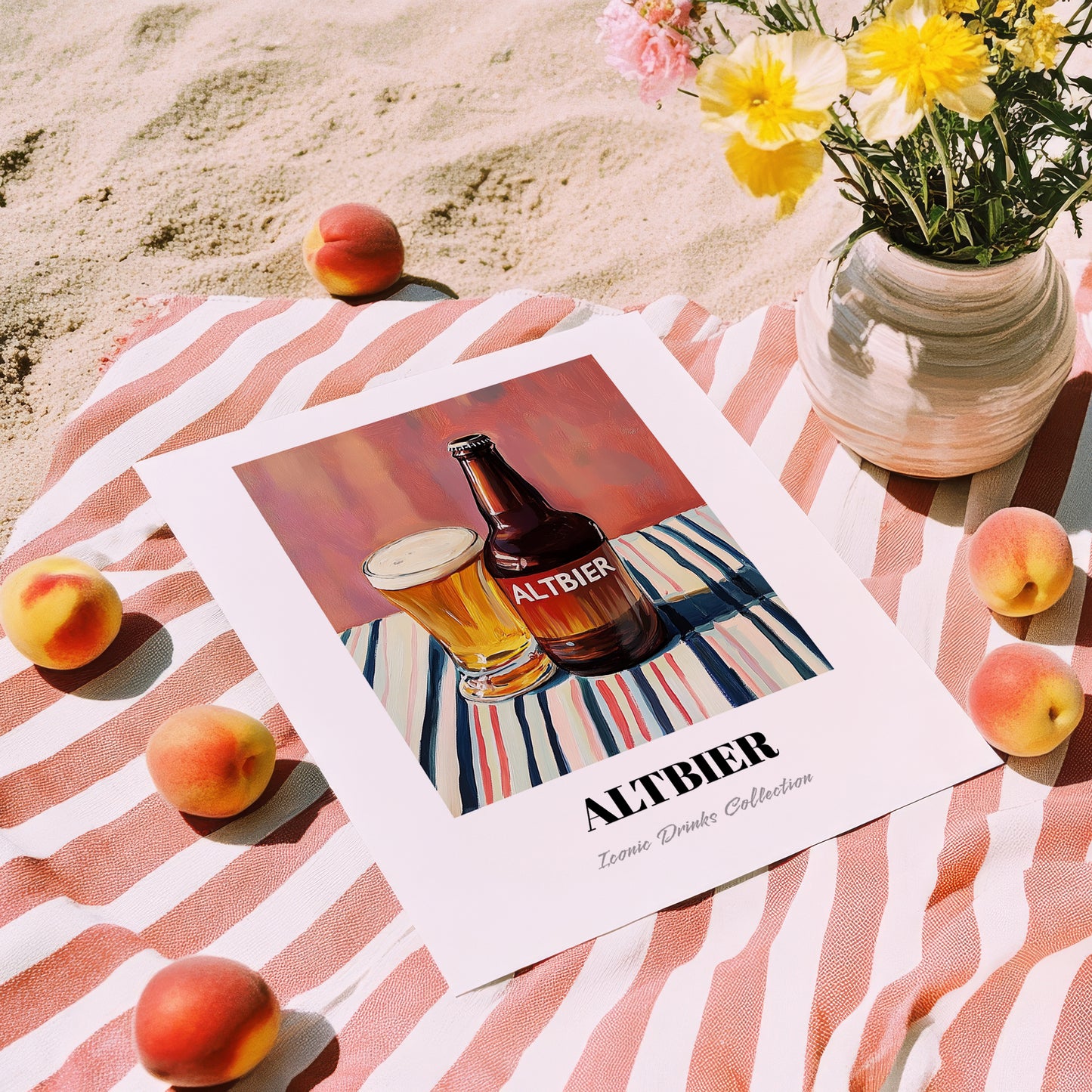 Altbier – on Striped Tablecloth, German Beer Wall Print, unframed on coastal sand