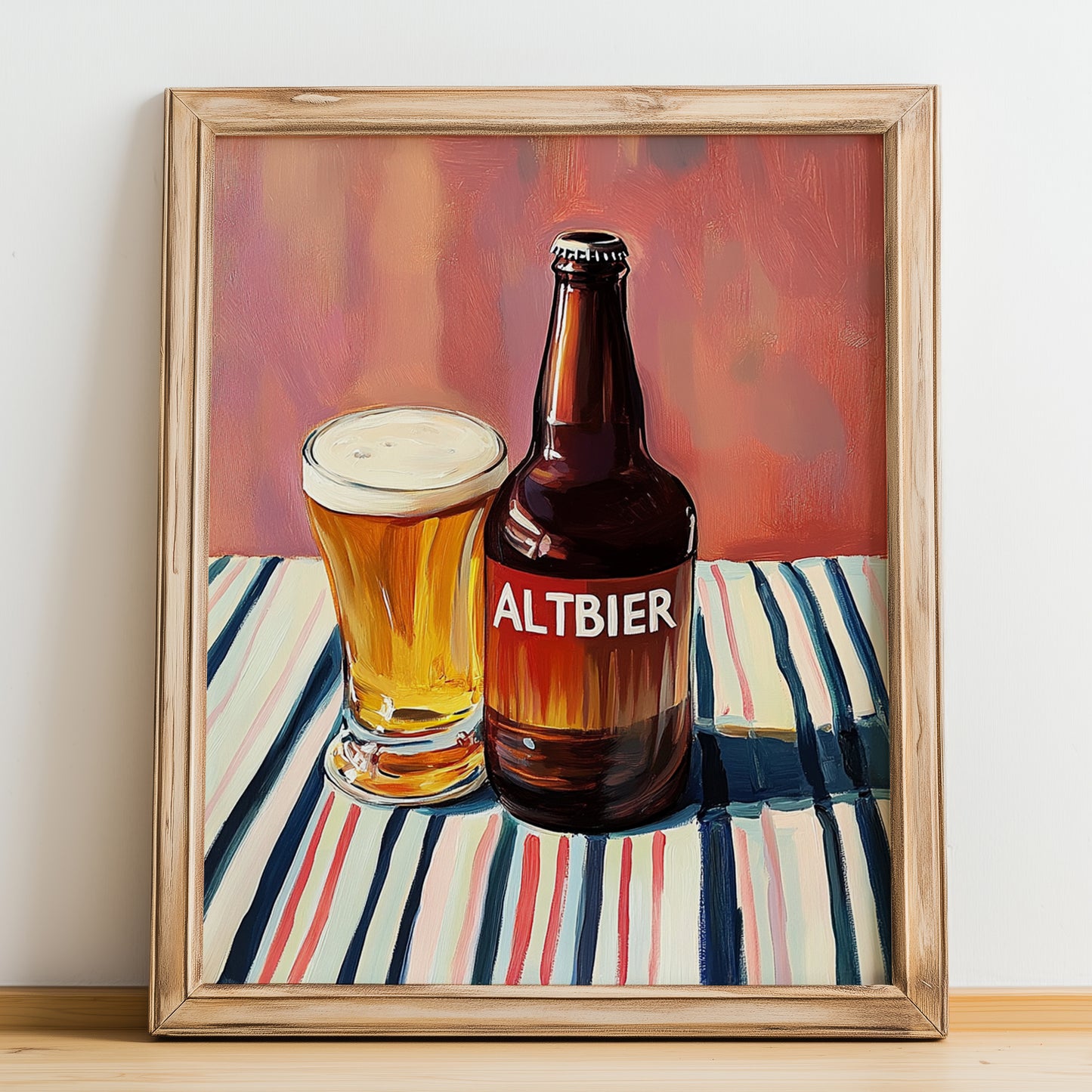 Altbier – on Striped Tablecloth, German Beer Wall Print, no-text version framed in wood