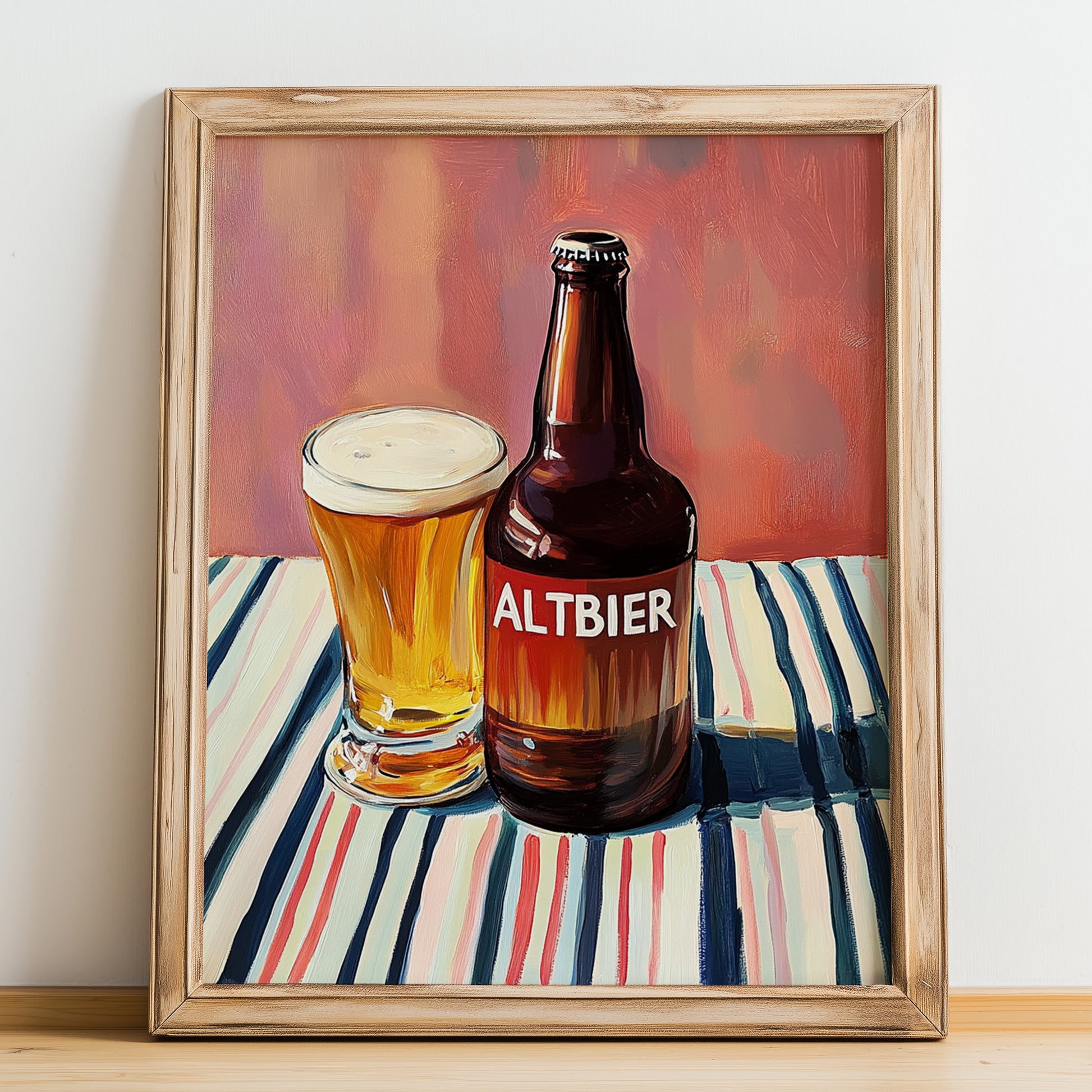 Altbier – on Striped Tablecloth, German Beer Wall Print, no-text version framed in wood