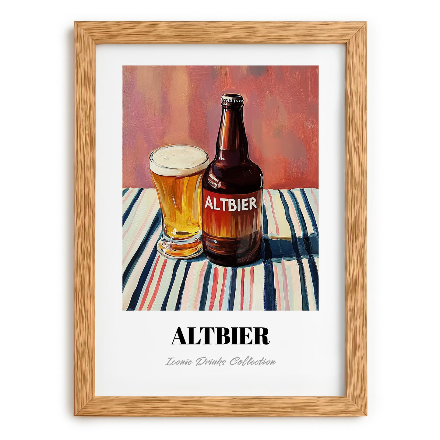 Altbier – on Striped Tablecloth, German Beer Wall Print, set in oak frame