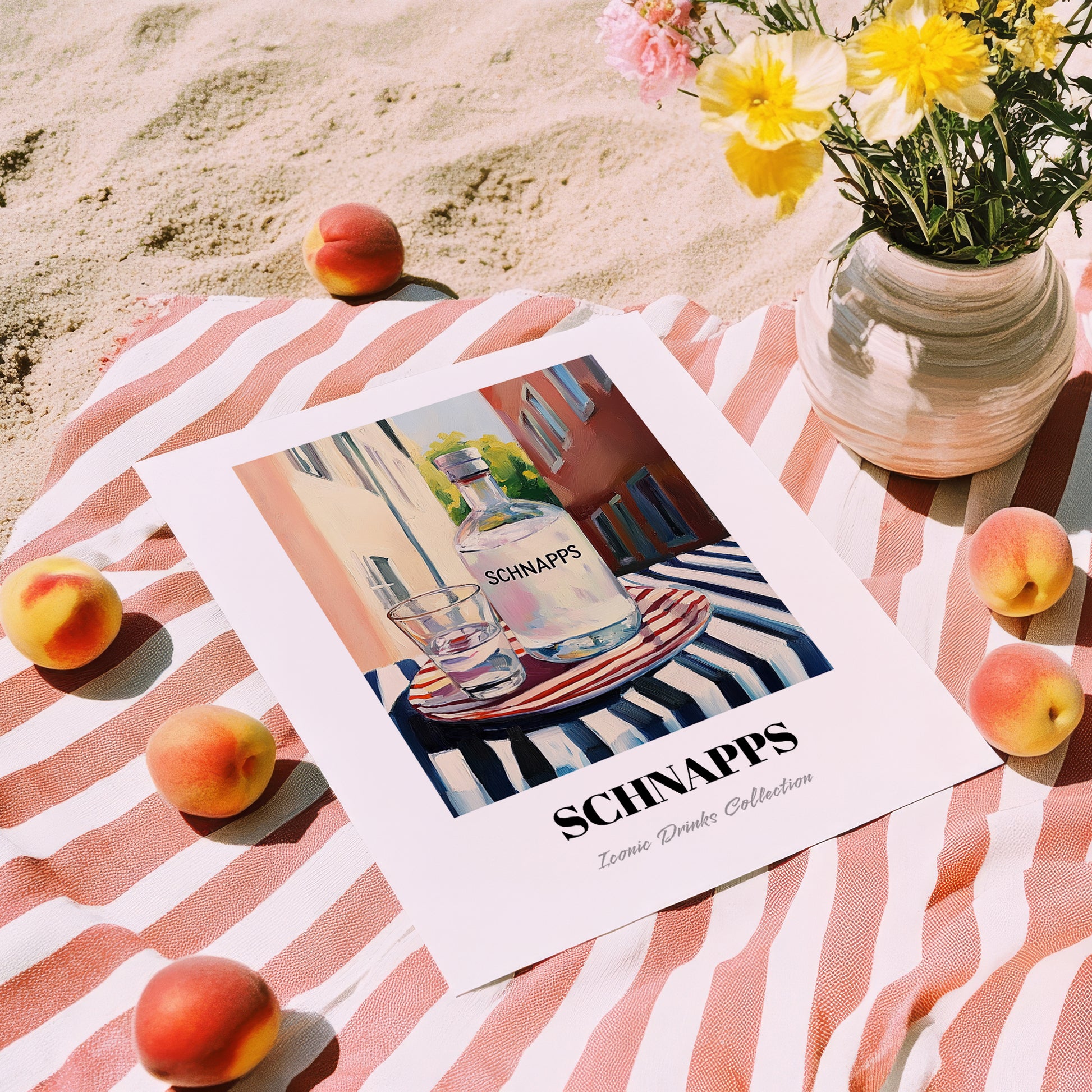 Schnapps – German Street Café Scene, German Spirit Wall Decor, unframed on coastal sand