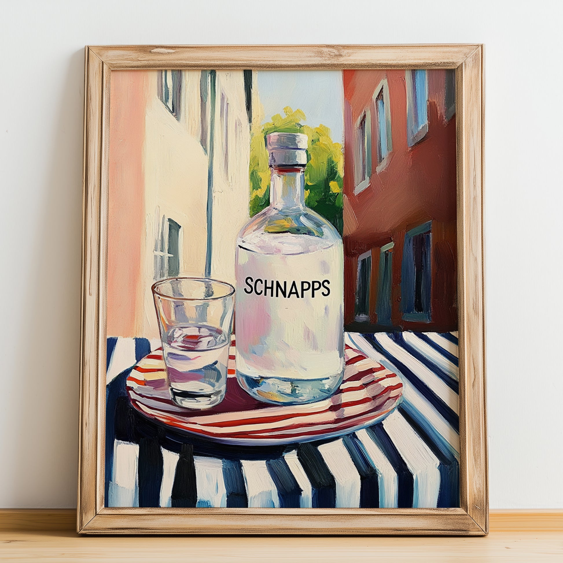 Schnapps – German Street Café Scene, German Spirit Wall Decor, no-text version framed in wood
