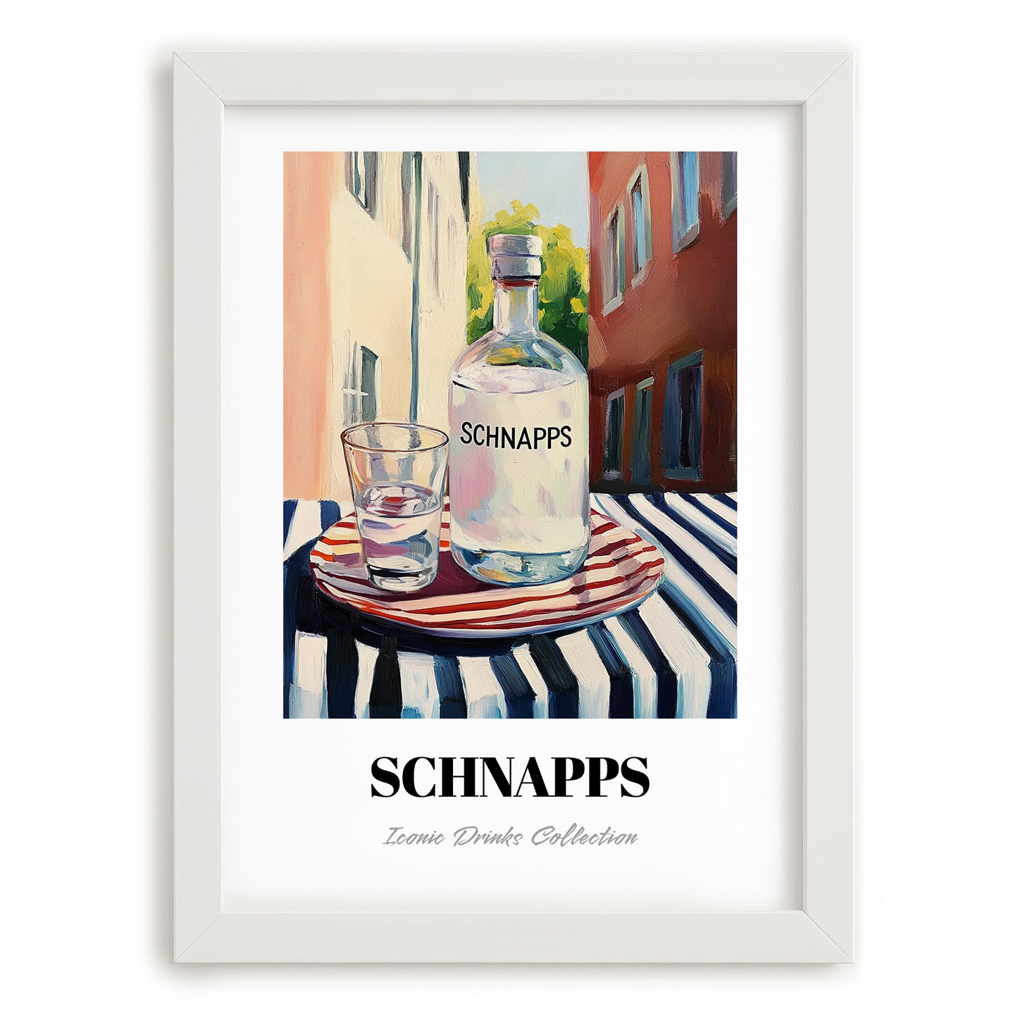 Schnapps – German Street Café Scene, German Spirit Wall Decor, placed in minimal white frame