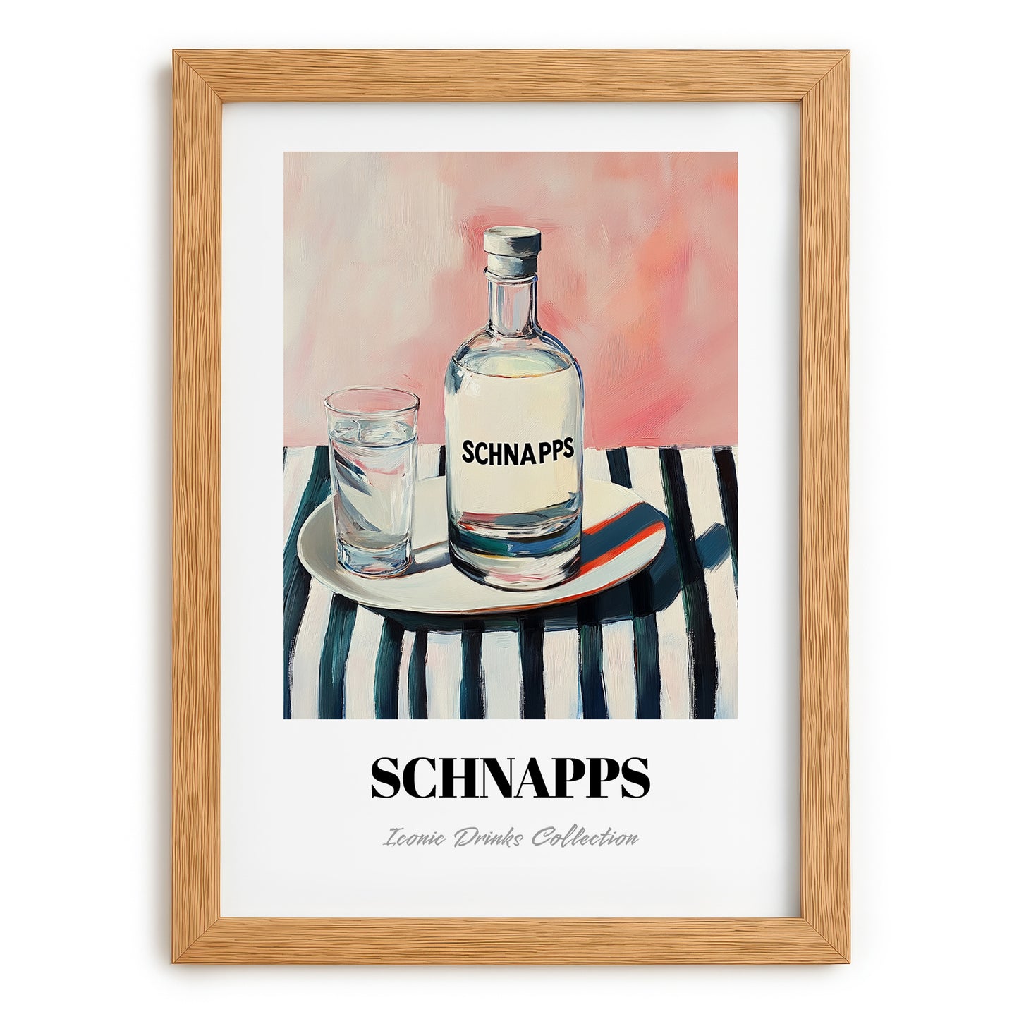 Schnapps – on Striped Tablecloth, German Spirit Painting, set in oak frame