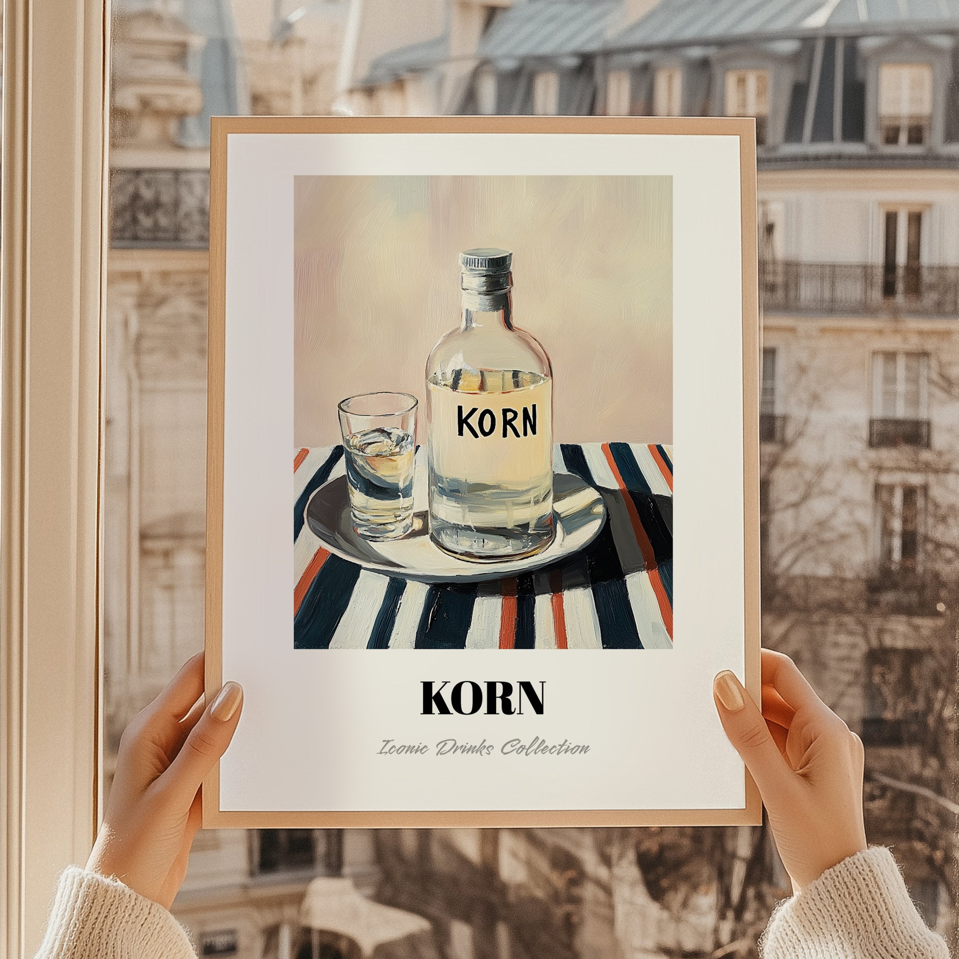Korn – on Striped Tablecloth, German Spirit Poster, styled in a charming Paris street view