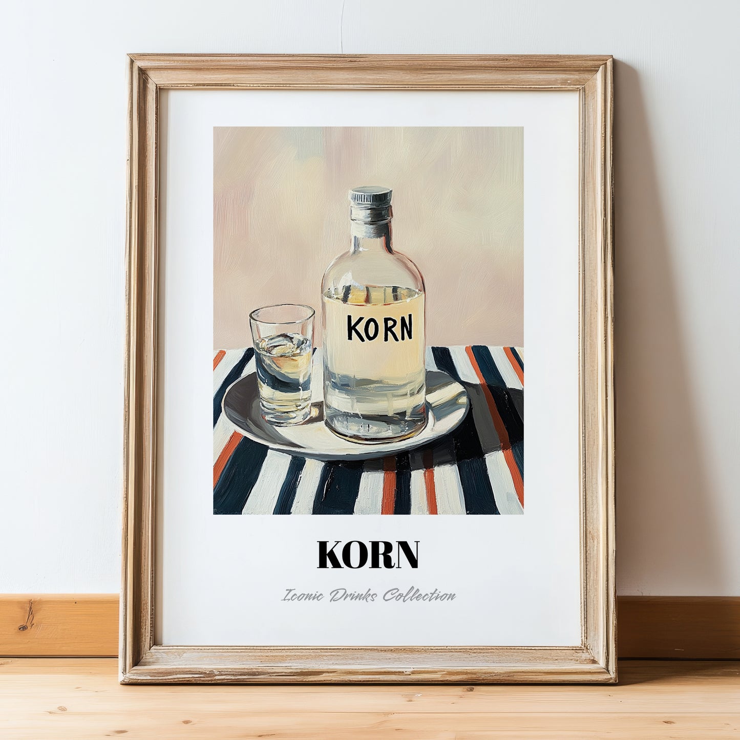 Korn – on Striped Tablecloth, German Spirit Poster, in wooden frame leaning on the floor