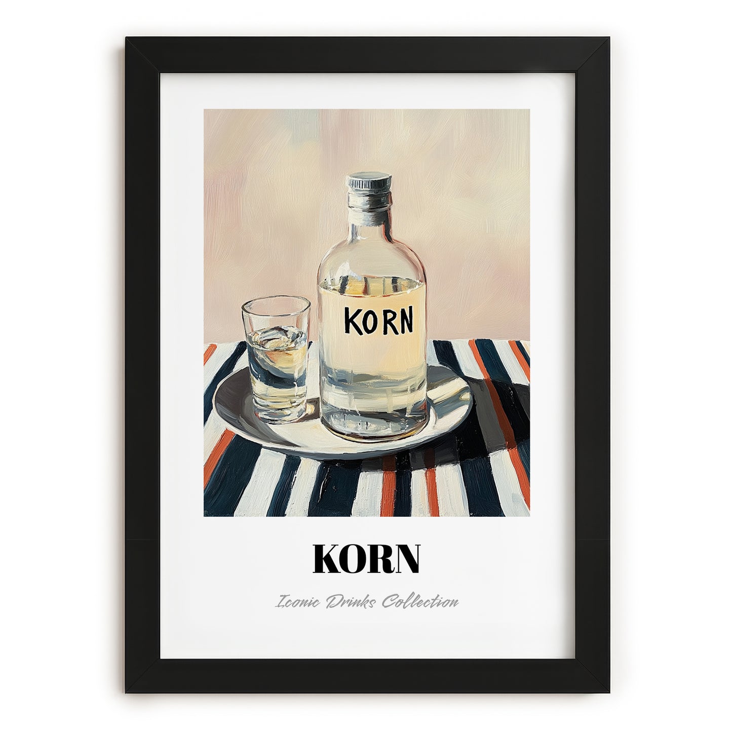Korn – on Striped Tablecloth, German Spirit Poster, in sleek black frame