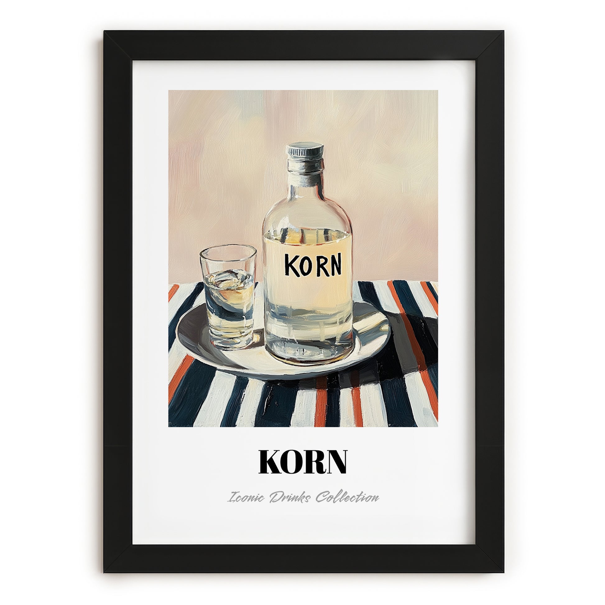 Korn – on Striped Tablecloth, German Spirit Poster, in sleek black frame