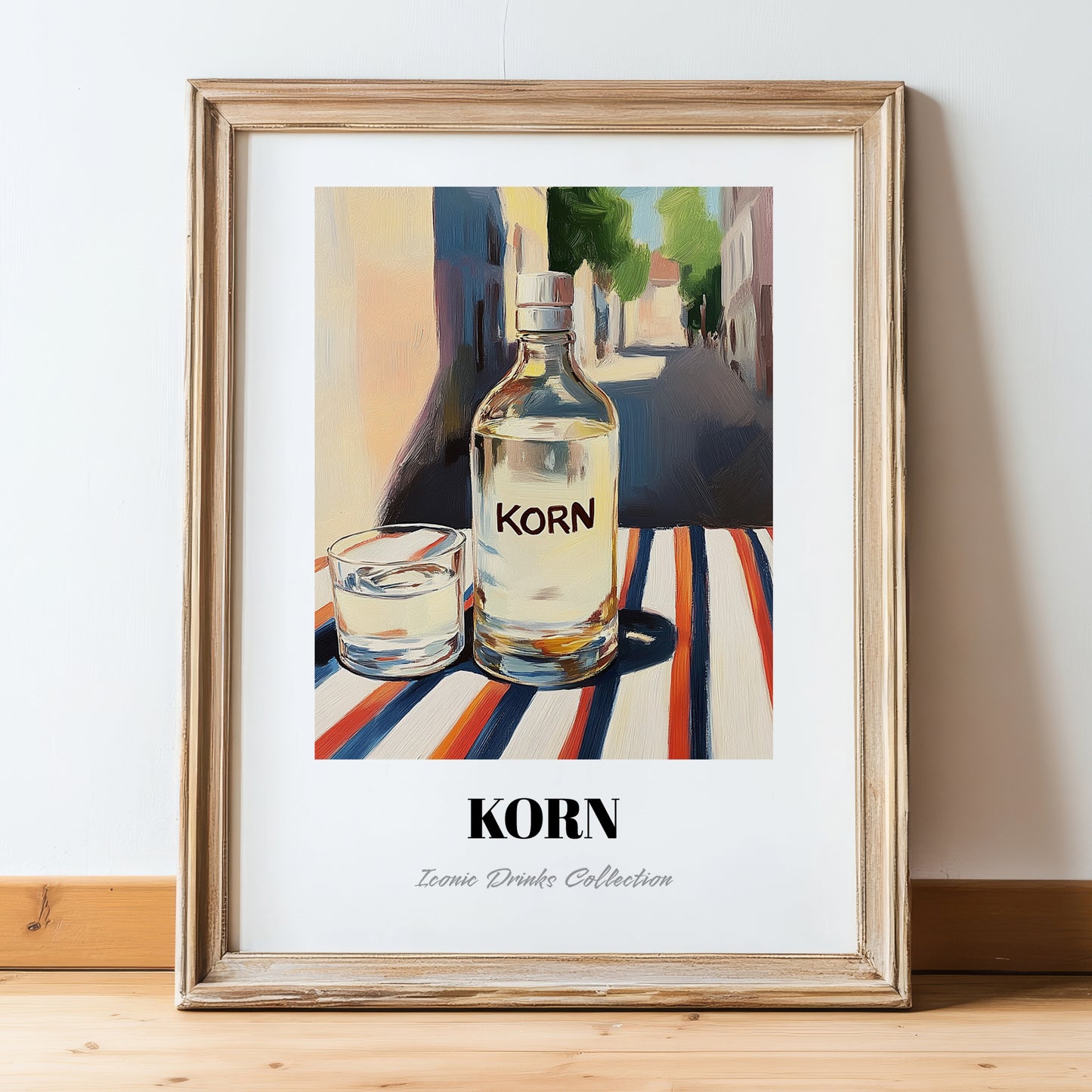 Korn – German Street Café Scene, German Spirit Wall Print, in wooden frame leaning on the floor