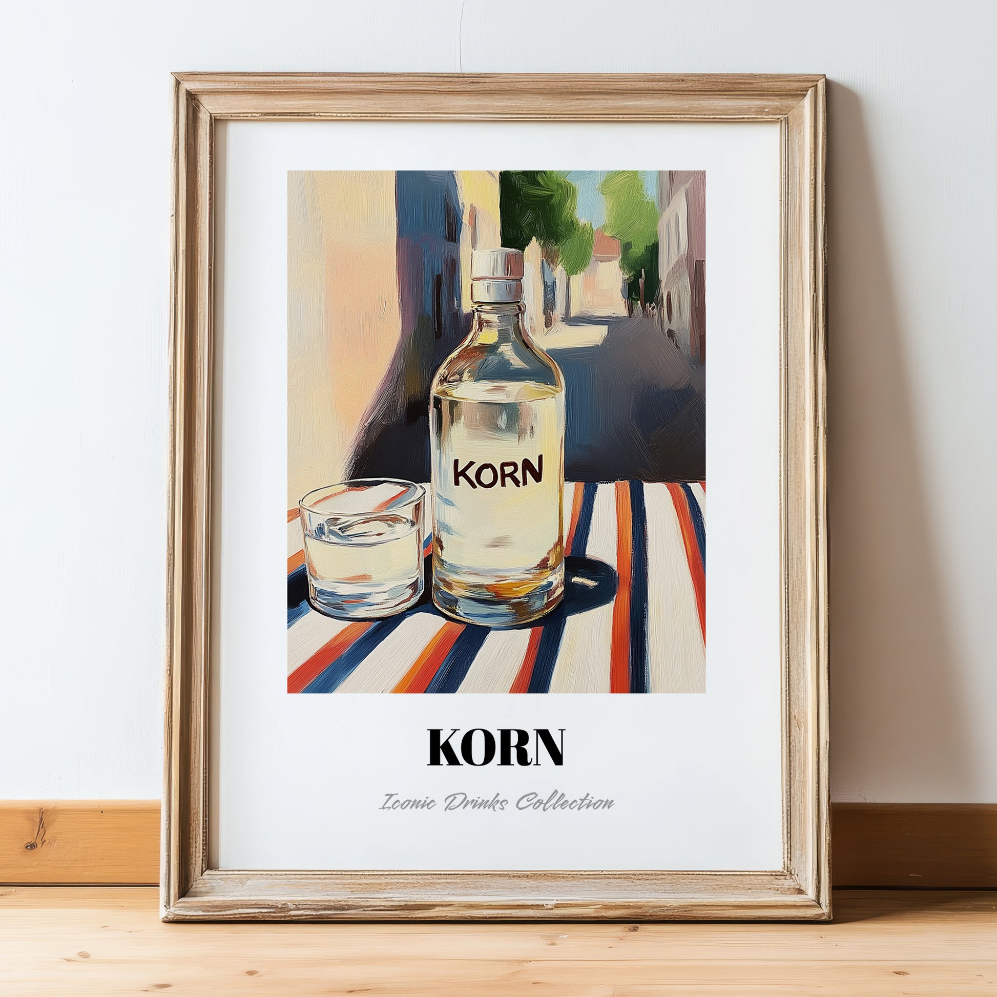 Korn – German Street Café Scene, German Spirit Wall Print, in wooden frame leaning on the floor