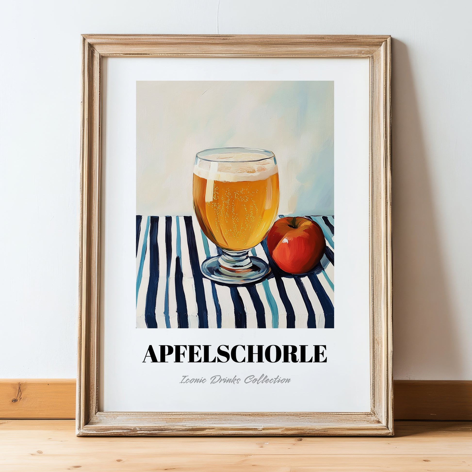 Apfelschorle – on Striped Tablecloth, German Beverage Print, in wooden frame leaning on the floor