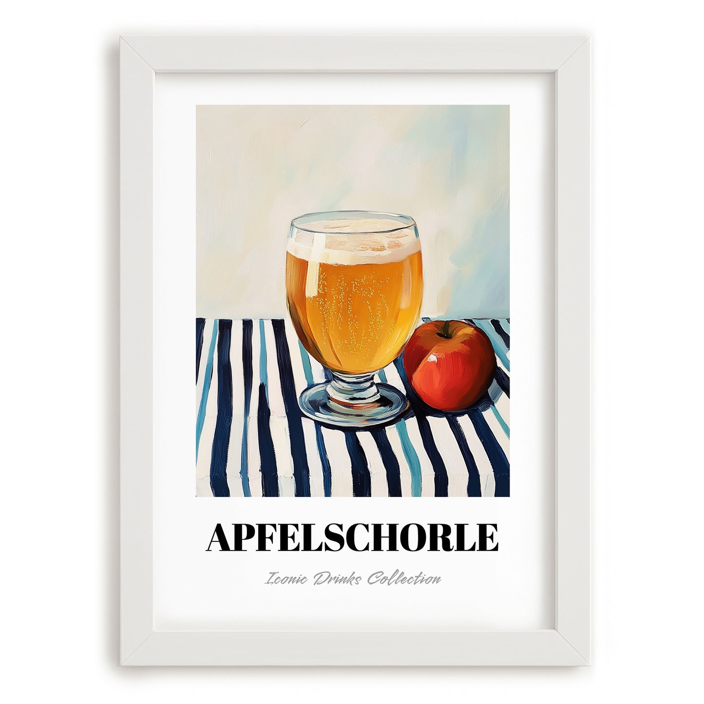 Apfelschorle – on Striped Tablecloth, German Beverage Print, placed in minimal white frame