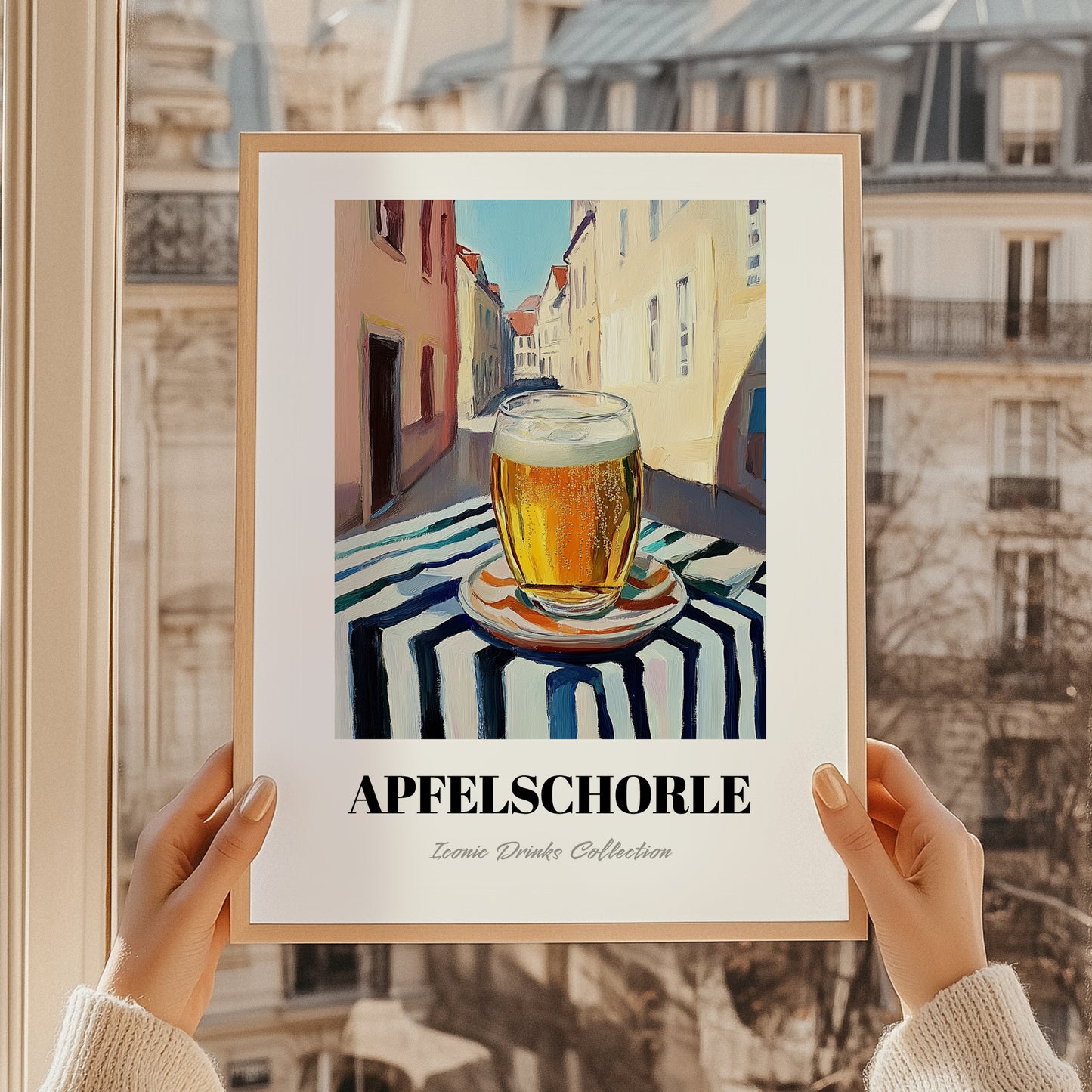 Apfelschorle – German Urban Café Scene, German Beverage Wall Art, styled in a charming Paris street view