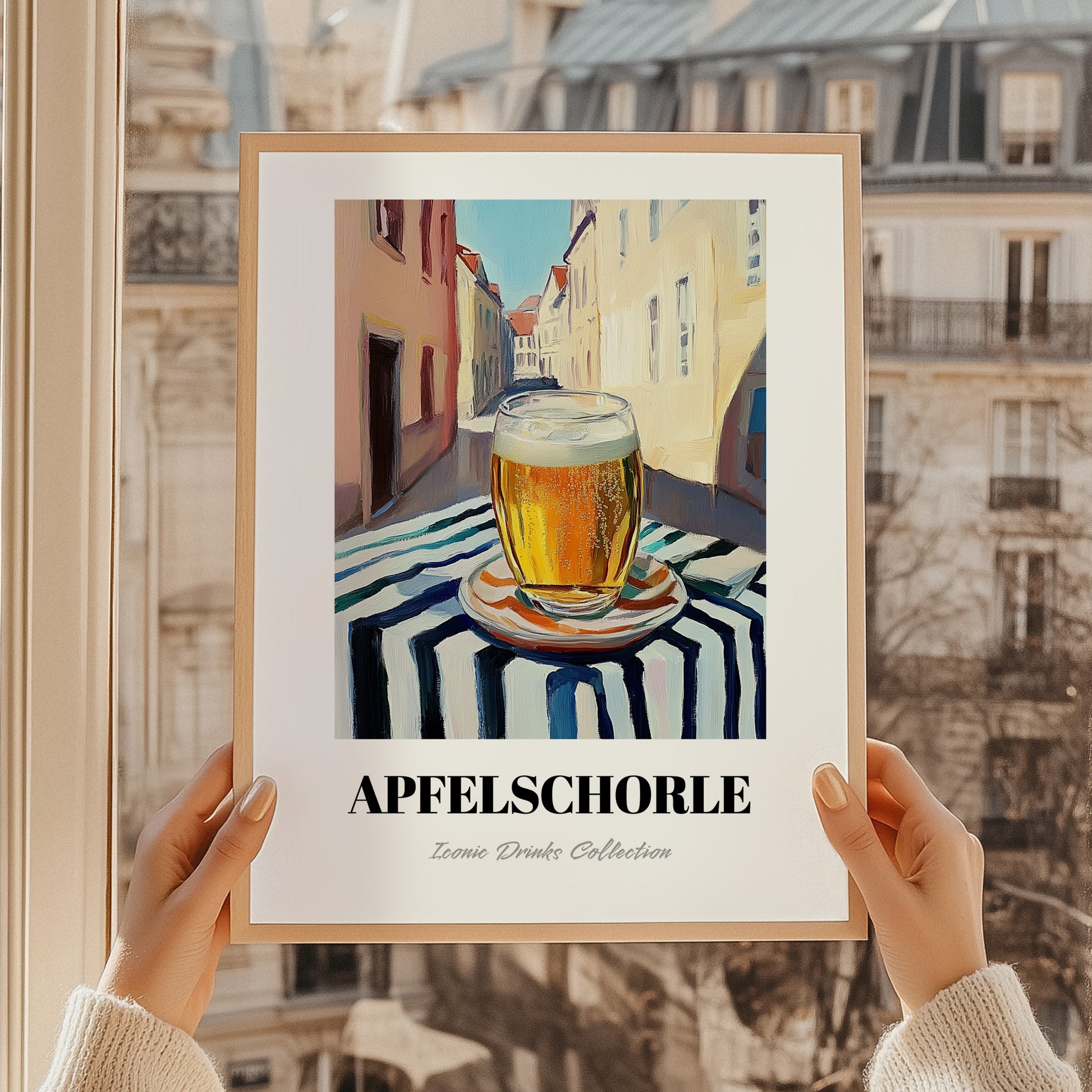 Apfelschorle – German Urban Café Scene, German Beverage Wall Art, styled in a charming Paris street view