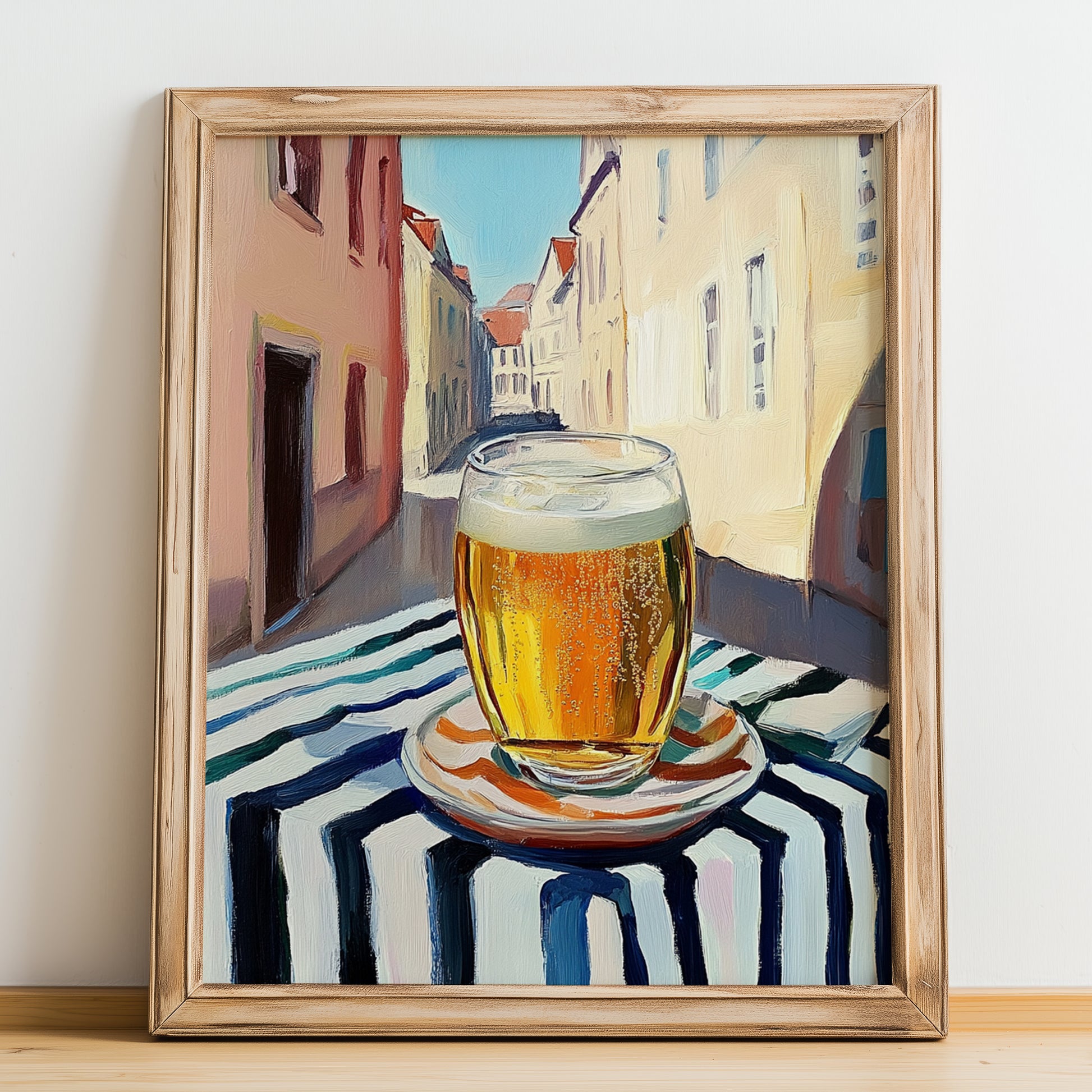 Apfelschorle – German Urban Café Scene, German Beverage Wall Art, no-text version framed in wood